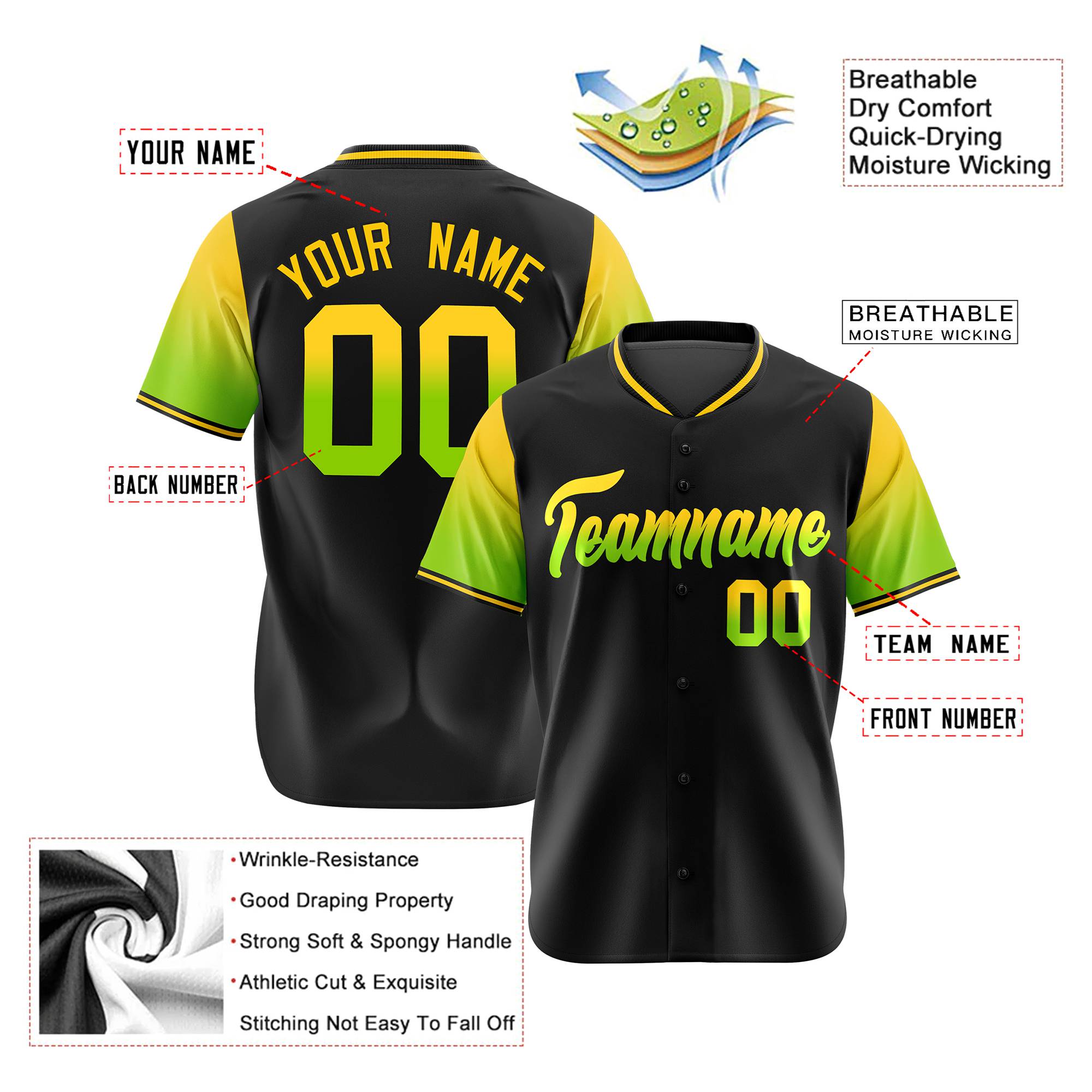 Custom Black Gold-Neon Green Gradient Fashion Authentic Baseball Jersey