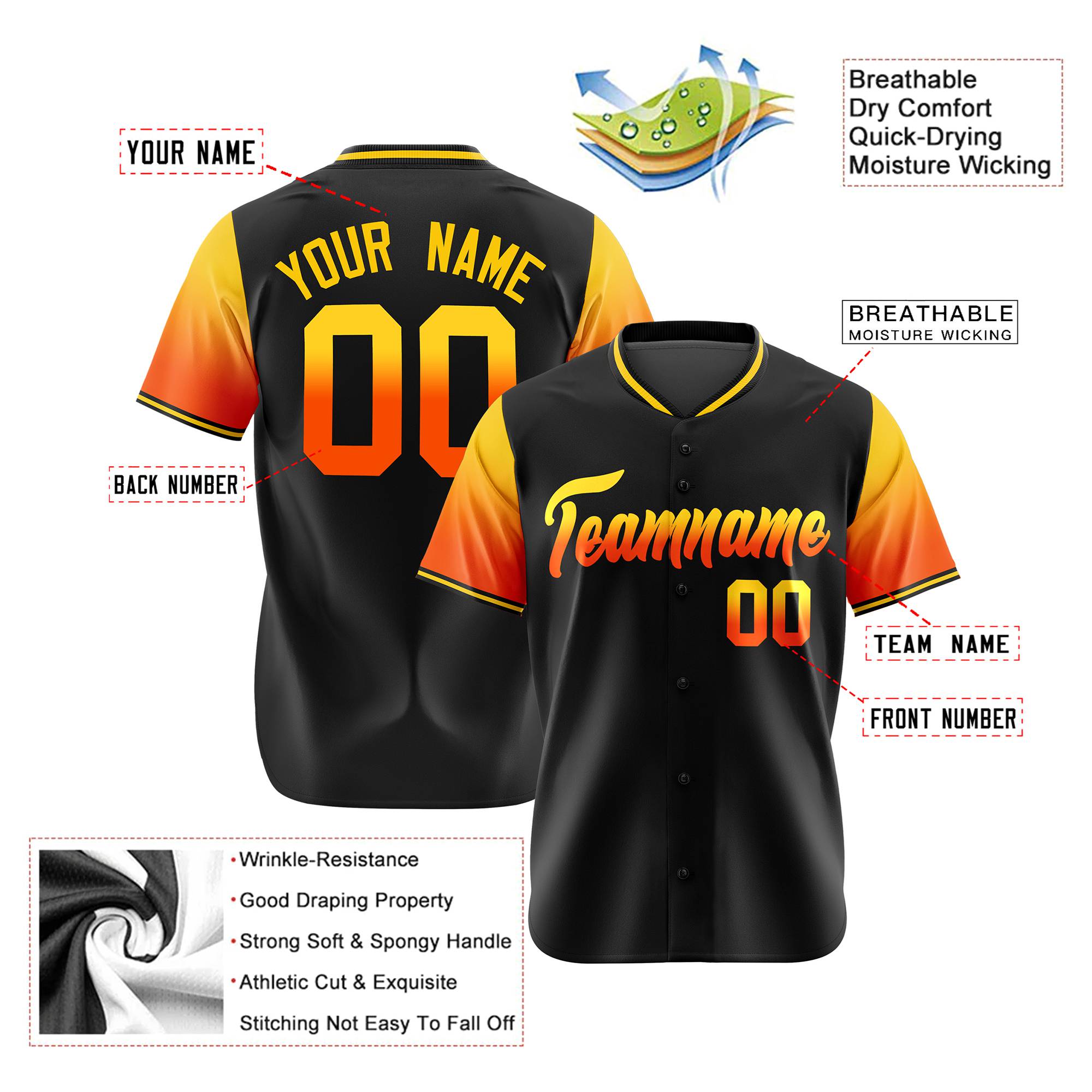 Custom Black Gold-Orange Gradient Fashion Authentic Baseball Jersey