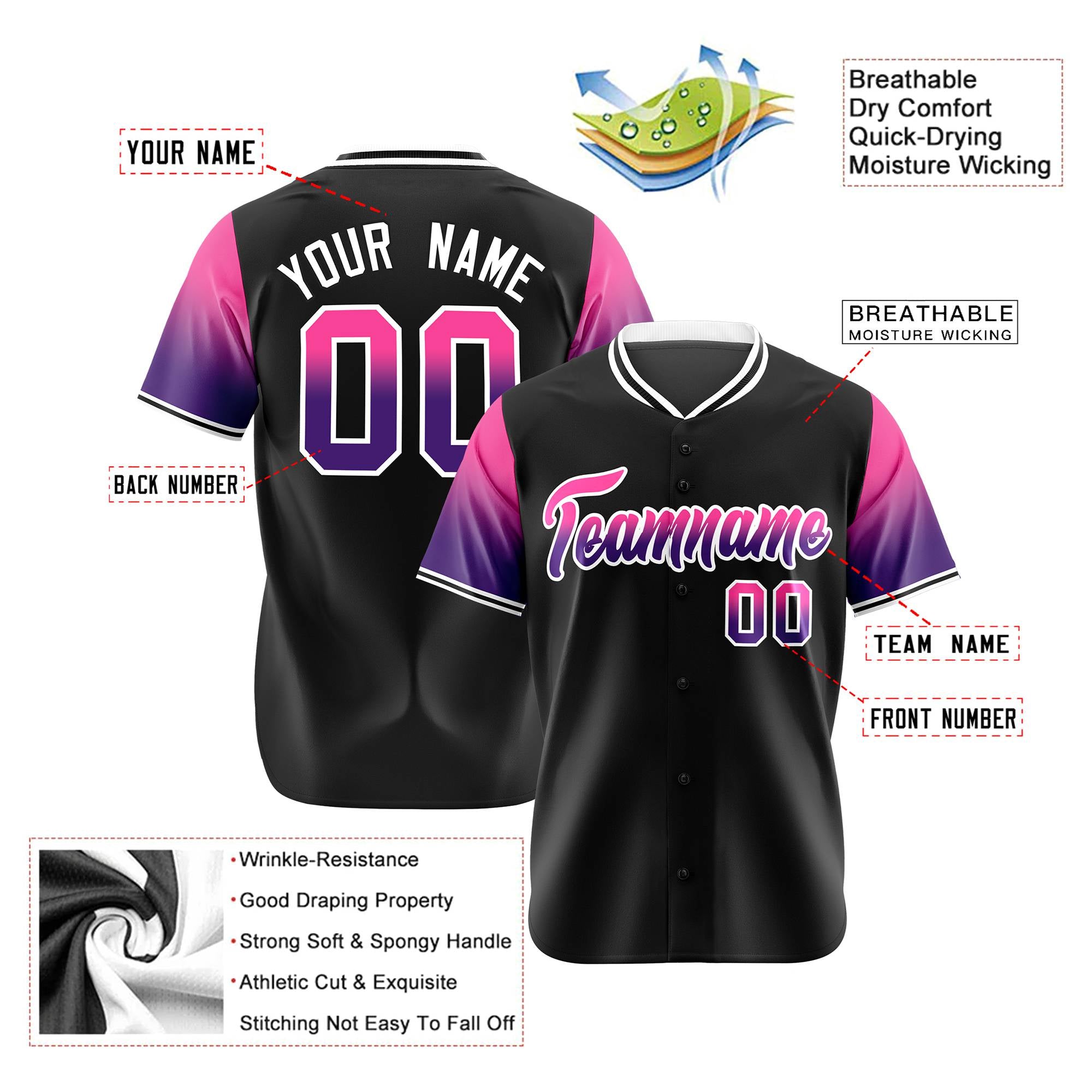 Custom Black Pink-Purple Gradient Fashion Authentic Baseball Jersey