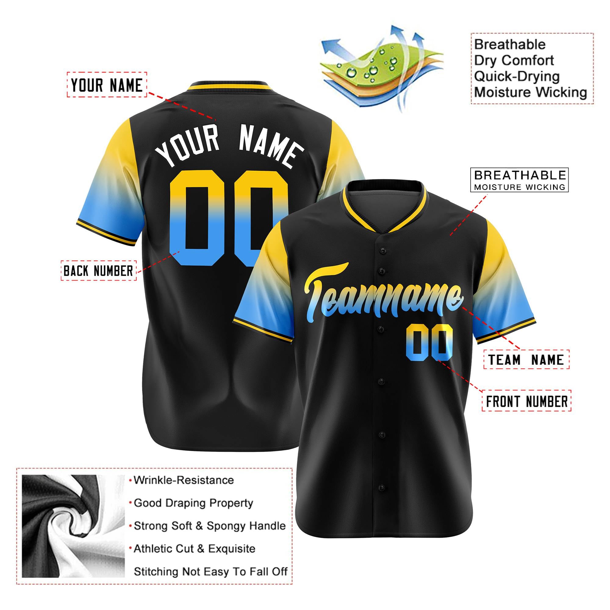 Custom Black Gold-Powder Blue Gradient Fashion Authentic Baseball Jersey