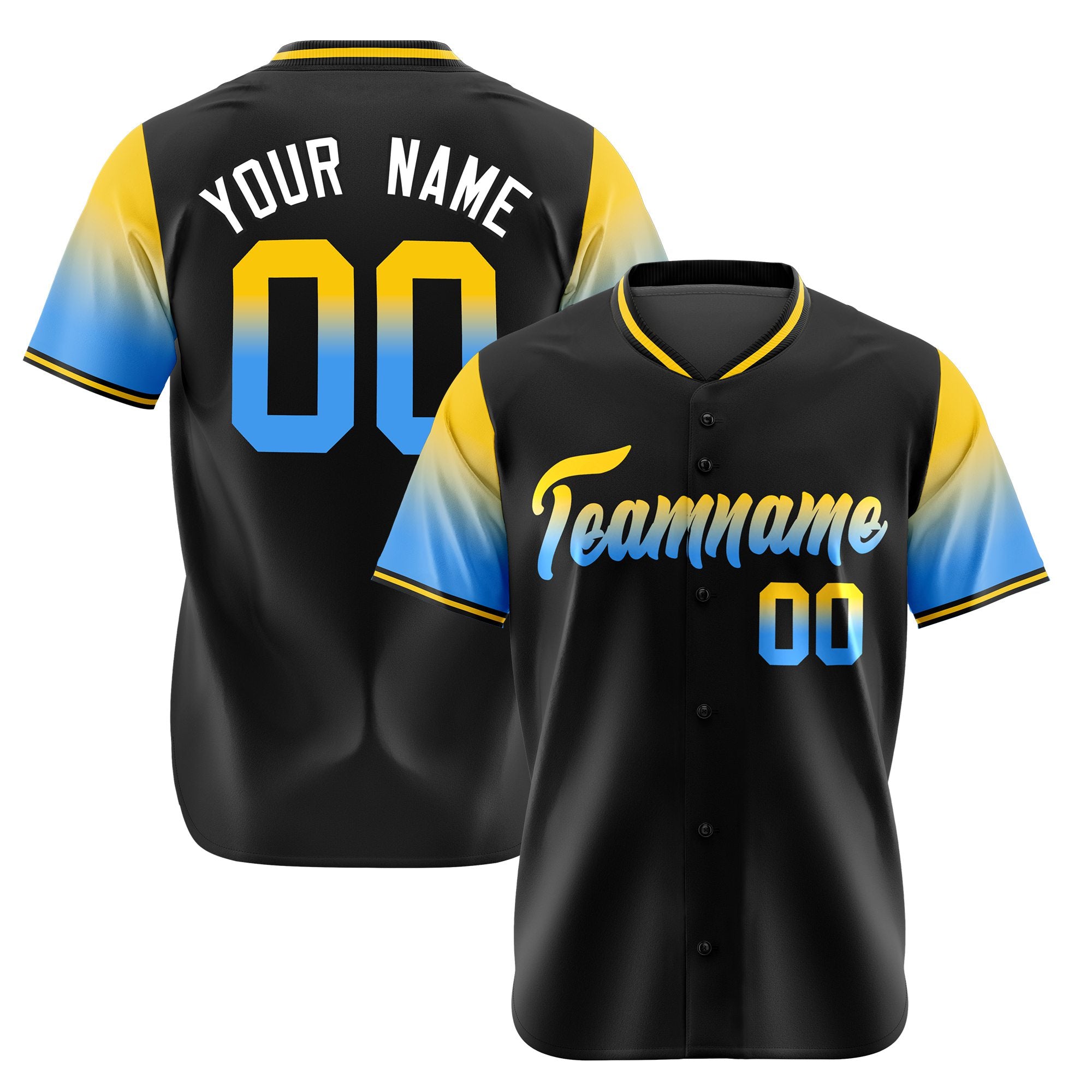 Custom Black Gold-Powder Blue Gradient Fashion Authentic Baseball Jersey