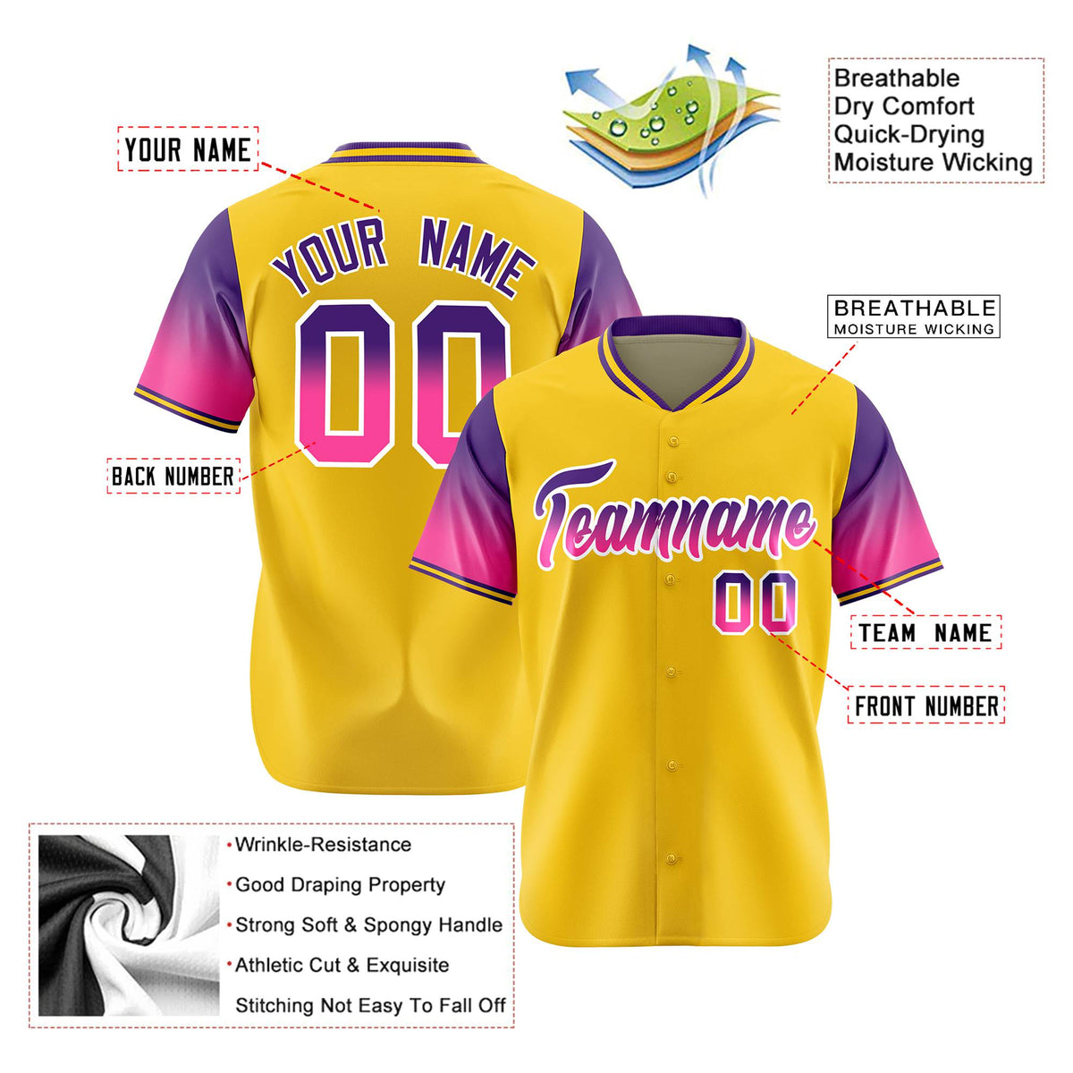 Custom Gold Purple-Pink Gradient Fashion Authentic Baseball Jersey