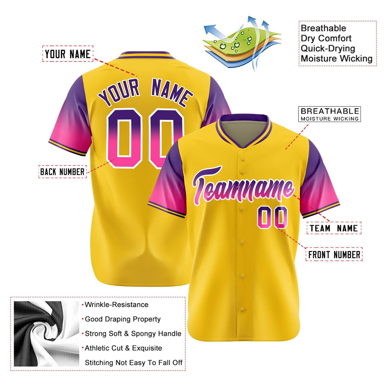 Custom Gold Purple-Pink Gradient Fashion Authentic Baseball Jersey