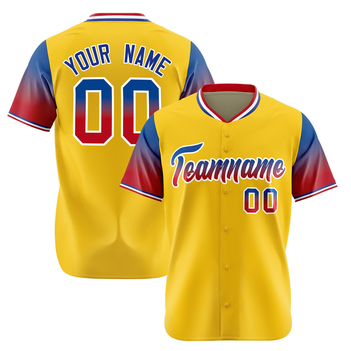 Custom Gold Royal Blue-Crimson Gradient Fashion Authentic Baseball Jersey