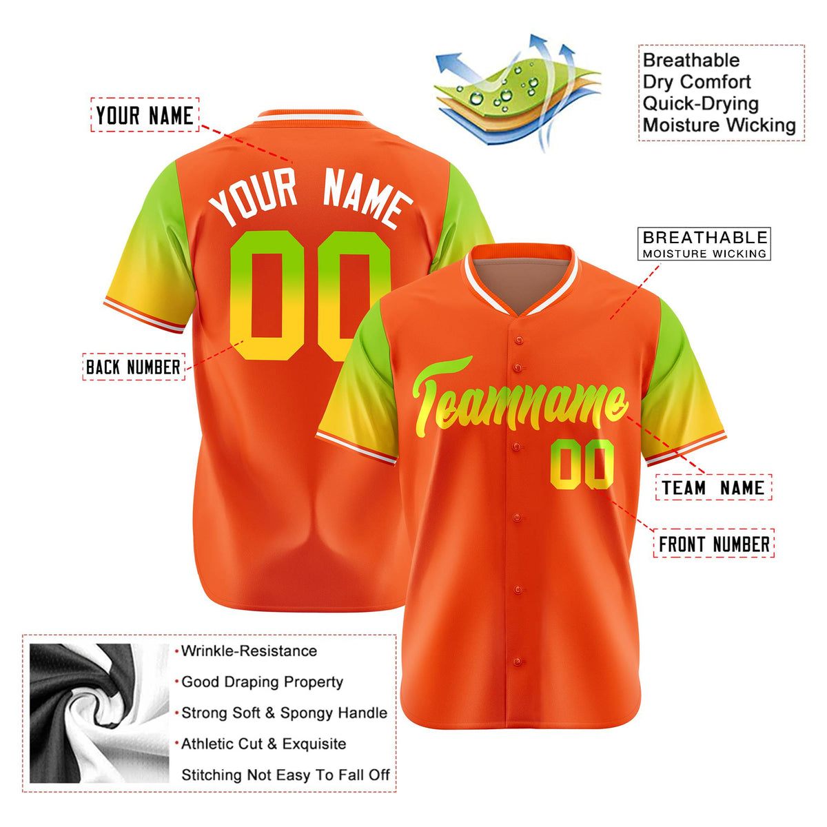 Custom Orange Neon Green-Gold Gradient Fashion Authentic Baseball Jersey
