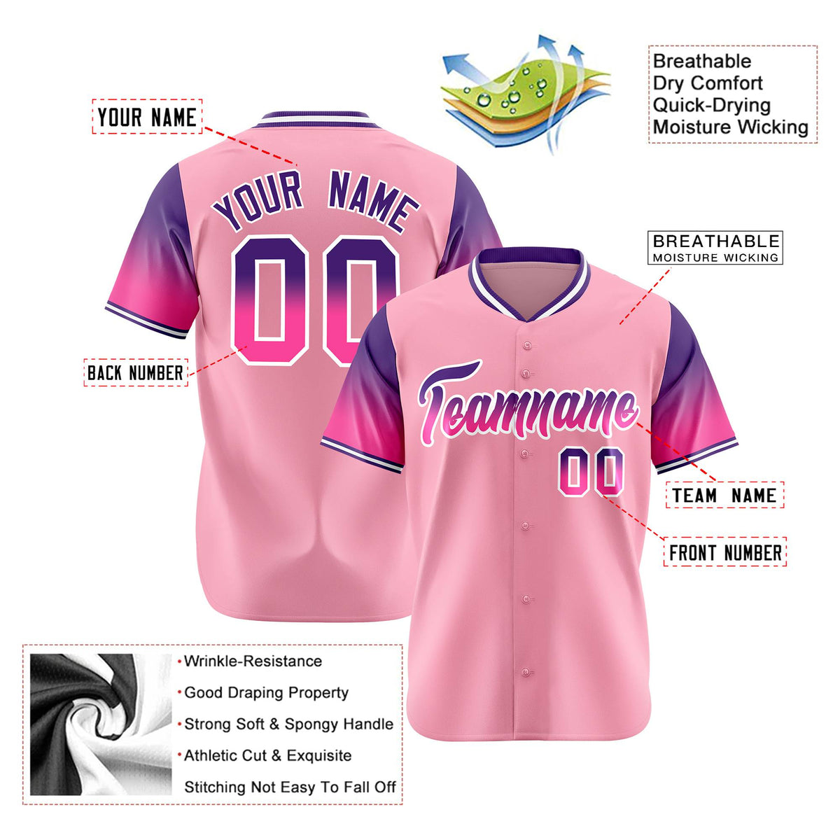 Custom Light Pink Purple-Pink Gradient Fashion Authentic Baseball Jersey