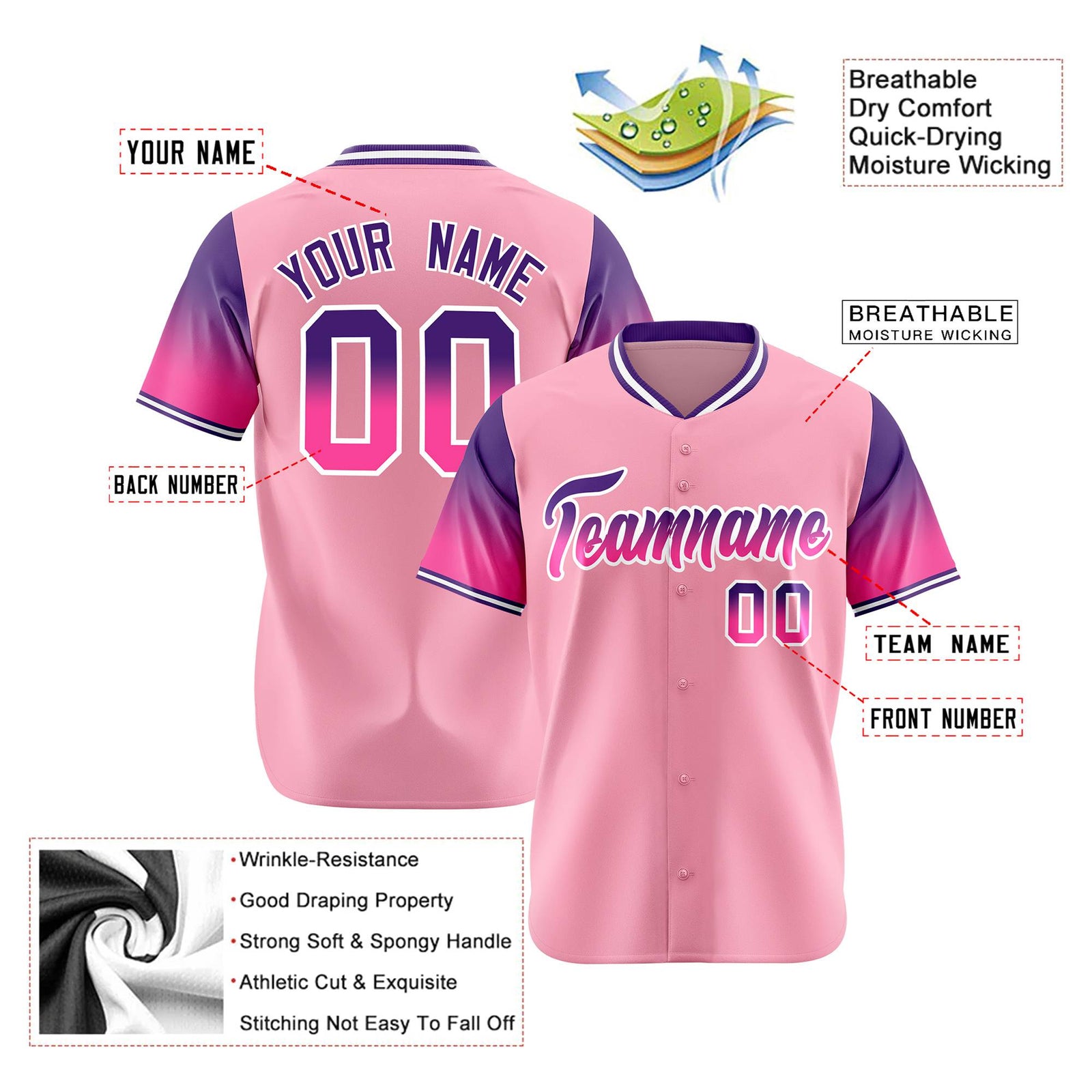 Custom Light Pink Purple-Pink Gradient Fashion Authentic Baseball Jersey