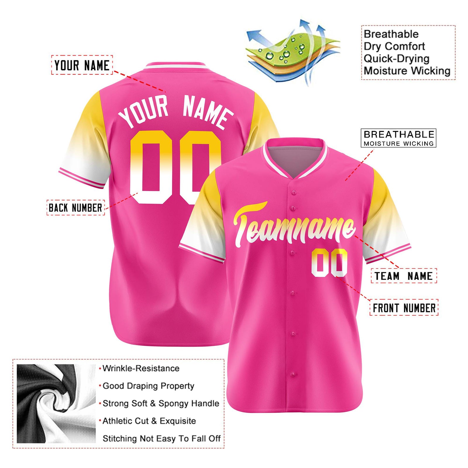 Custom Pink Gold-White Gradient Fashion Authentic Baseball Jersey