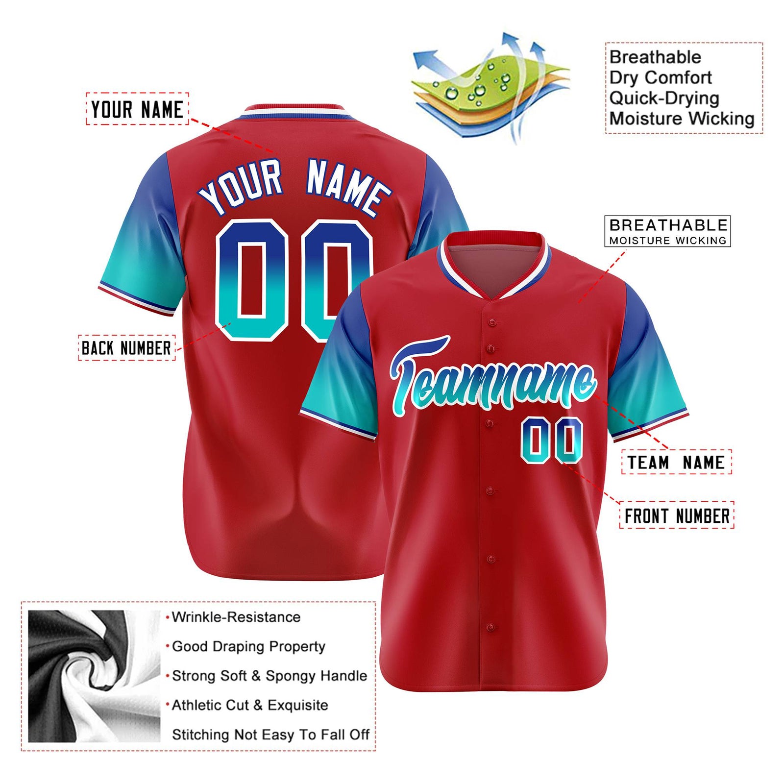 Custom Red Royal Blue-Aqua Gradient Fashion Authentic Baseball Jersey