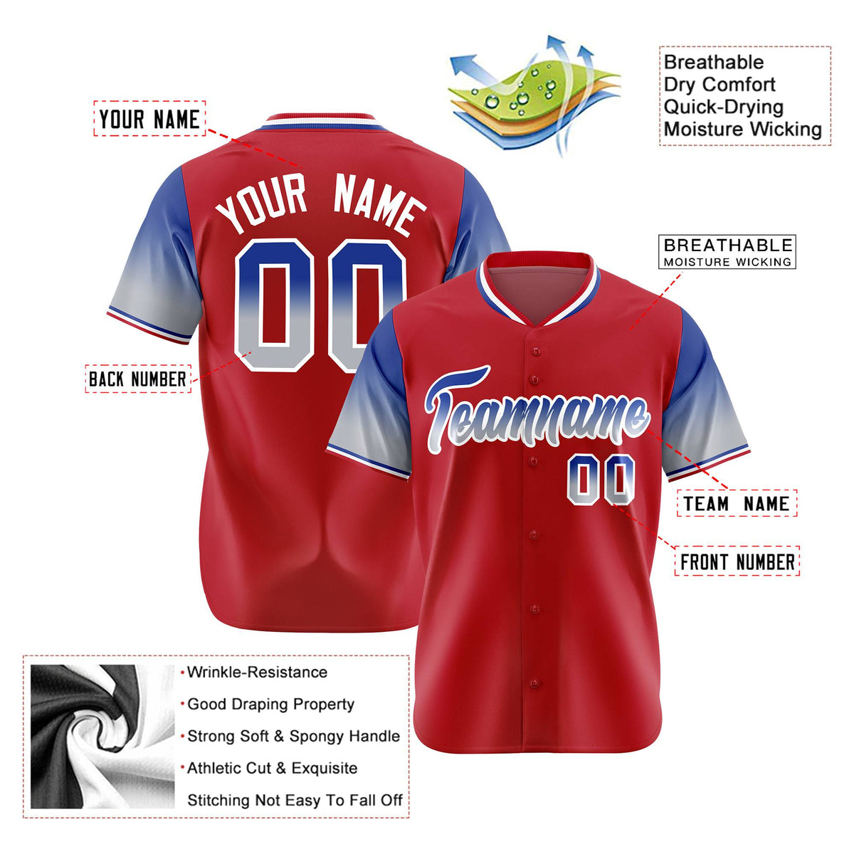 Custom Red Royal Blue-Gray Gradient Fashion Authentic Baseball Jersey