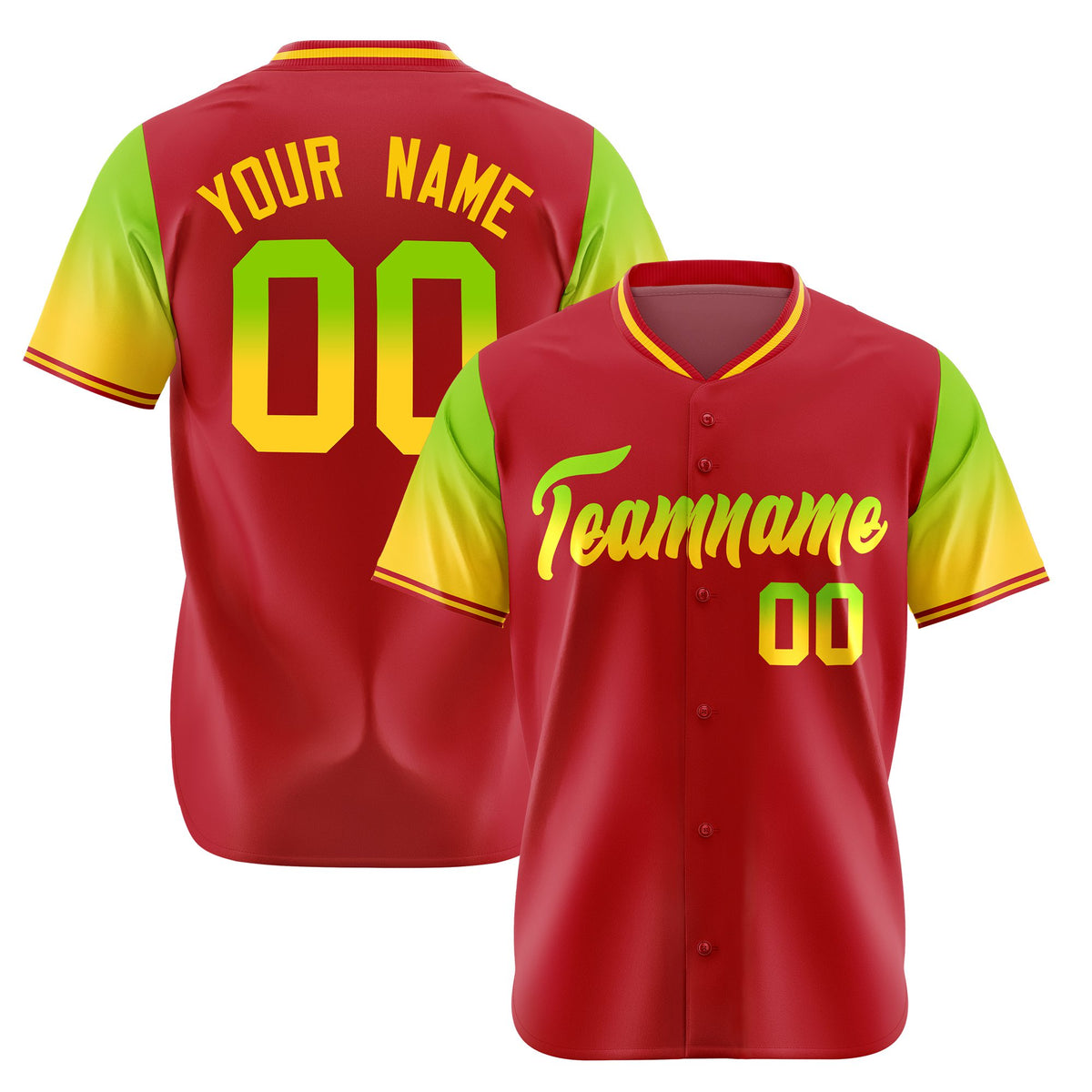 Custom Red Neon Green-Gold Gradient Fashion Authentic Baseball Jersey