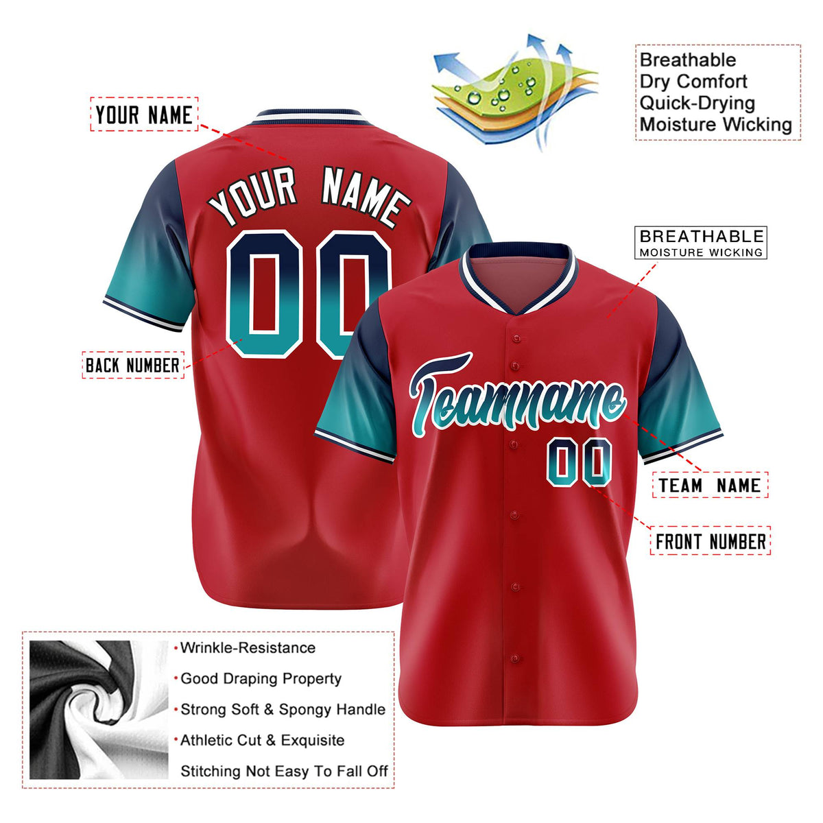 Custom Red Navy-Aqua Gradient Fashion Authentic Baseball Jersey