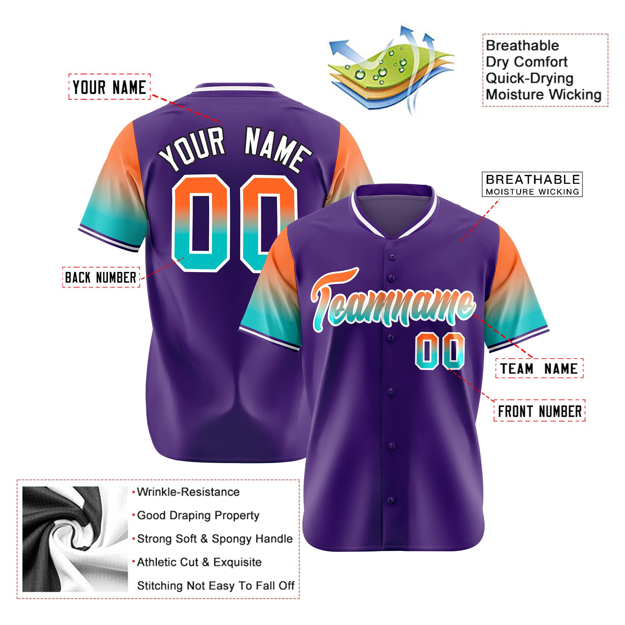 Custom Purple Orange-Aqua Gradient Fashion Authentic Baseball Jersey