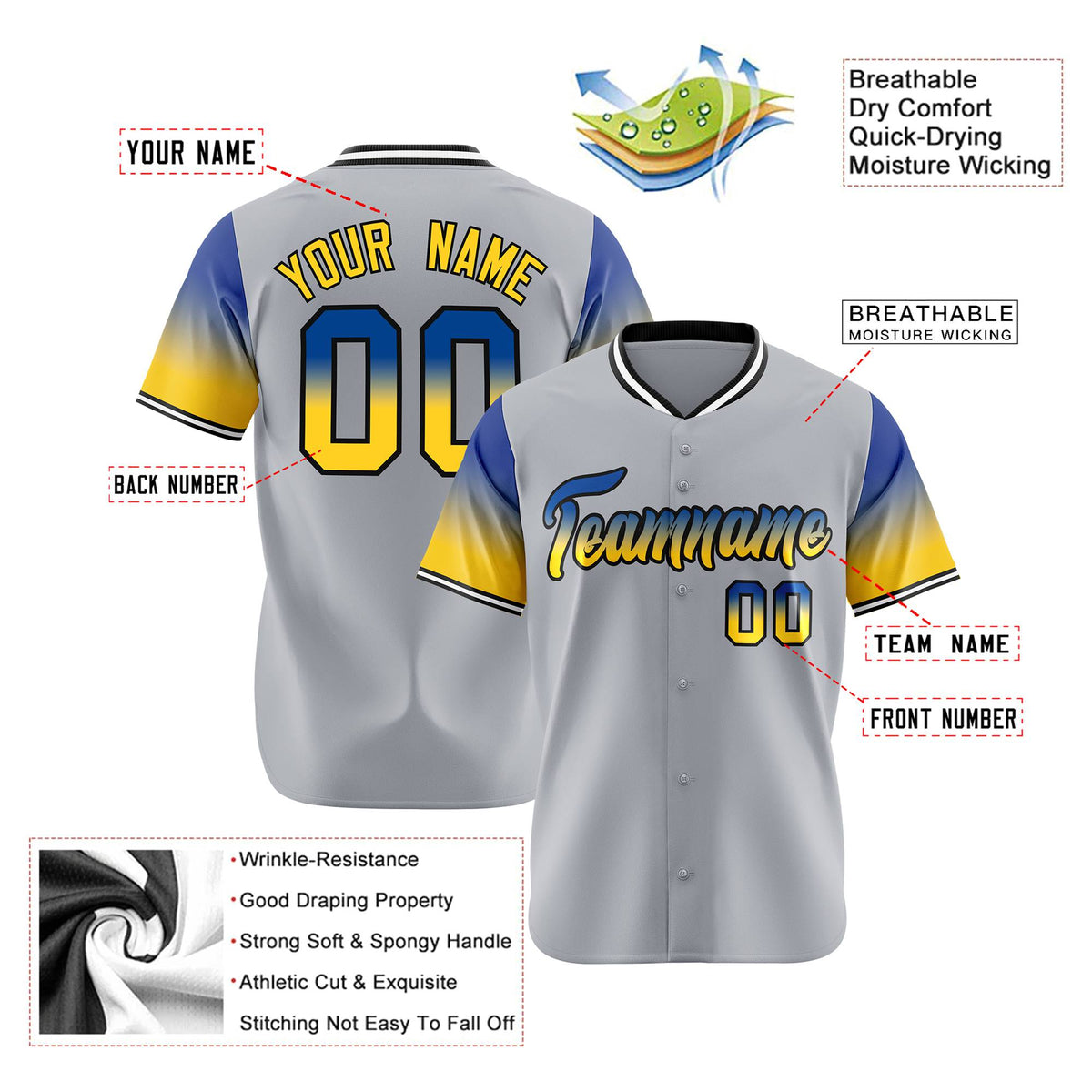 Custom Gray Royal Blue-Gold Gradient Fashion Authentic Baseball Jersey