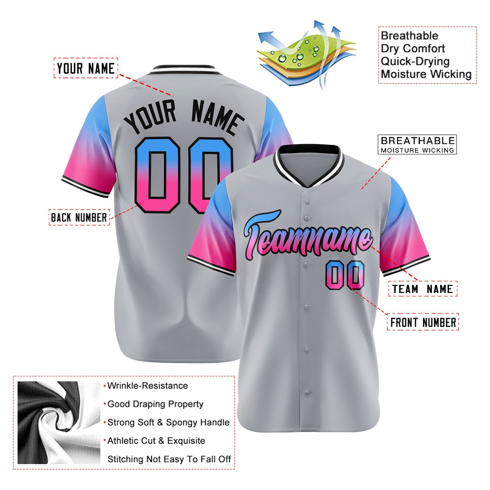 Custom Gray Powder Blue-Pink Gradient Fashion Authentic Baseball Jersey