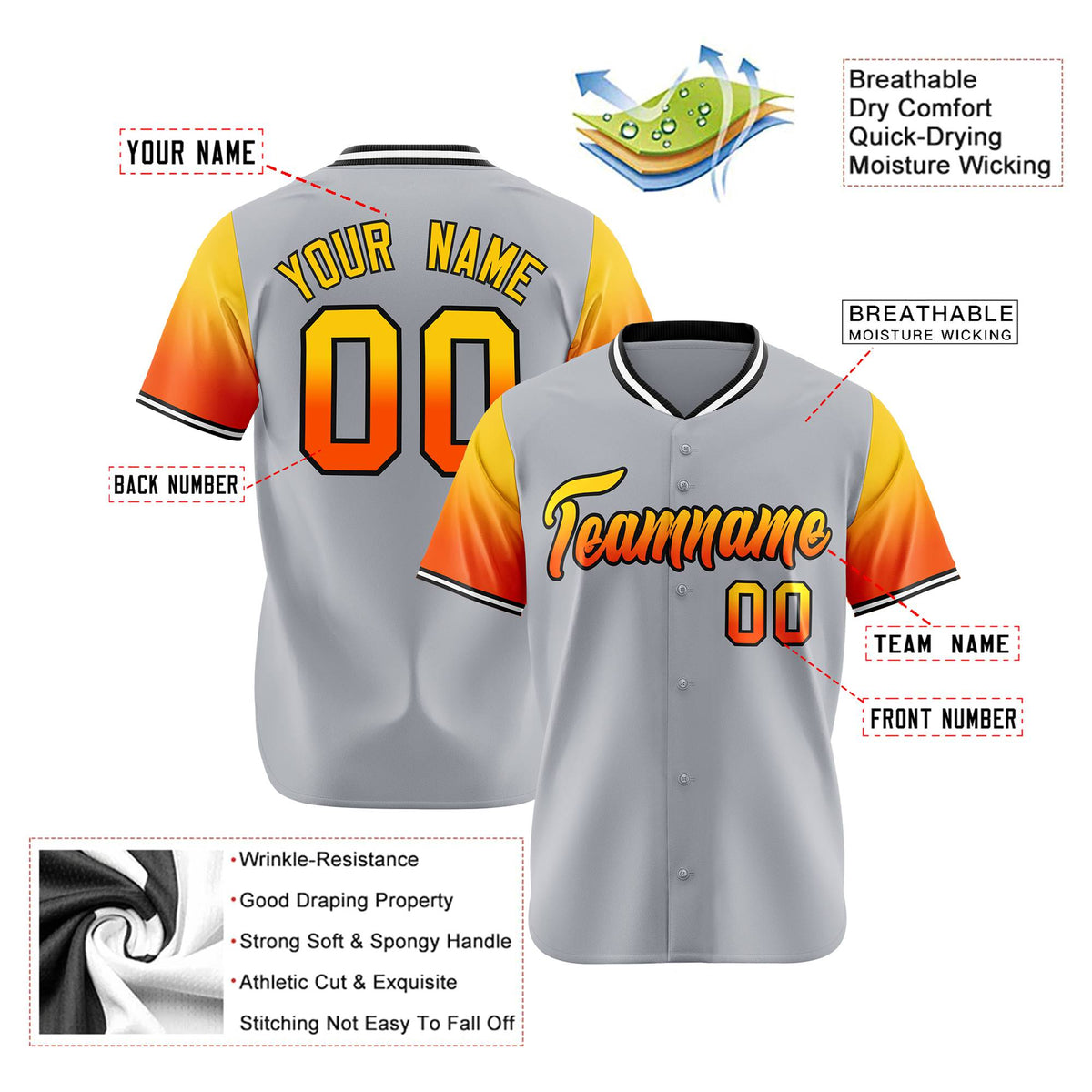 Custom Gray Gold-Orange Gradient Fashion Authentic Baseball Jersey