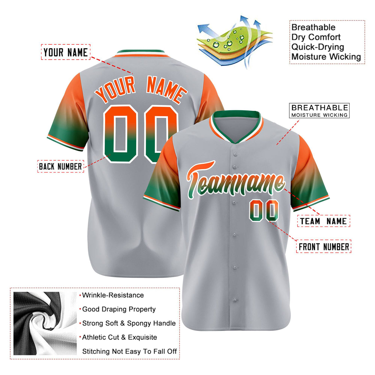 Custom Gray Orange-Kelly Green Gradient Fashion Authentic Baseball Jersey