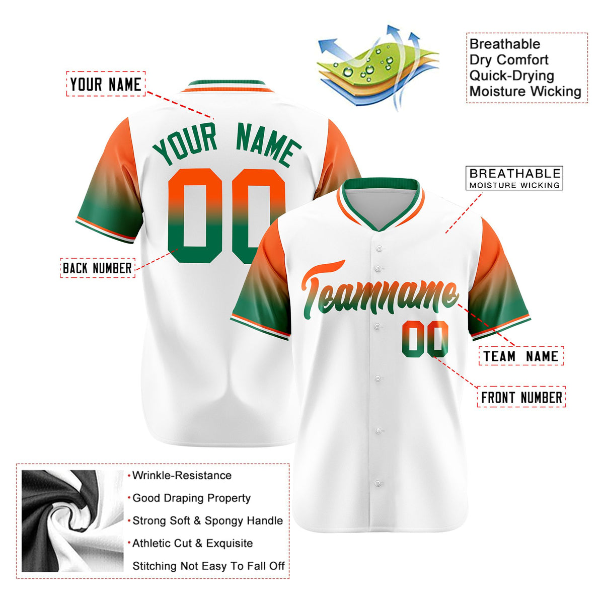 Custom White Orange-Kelly Green Gradient Fashion Authentic Baseball Jersey