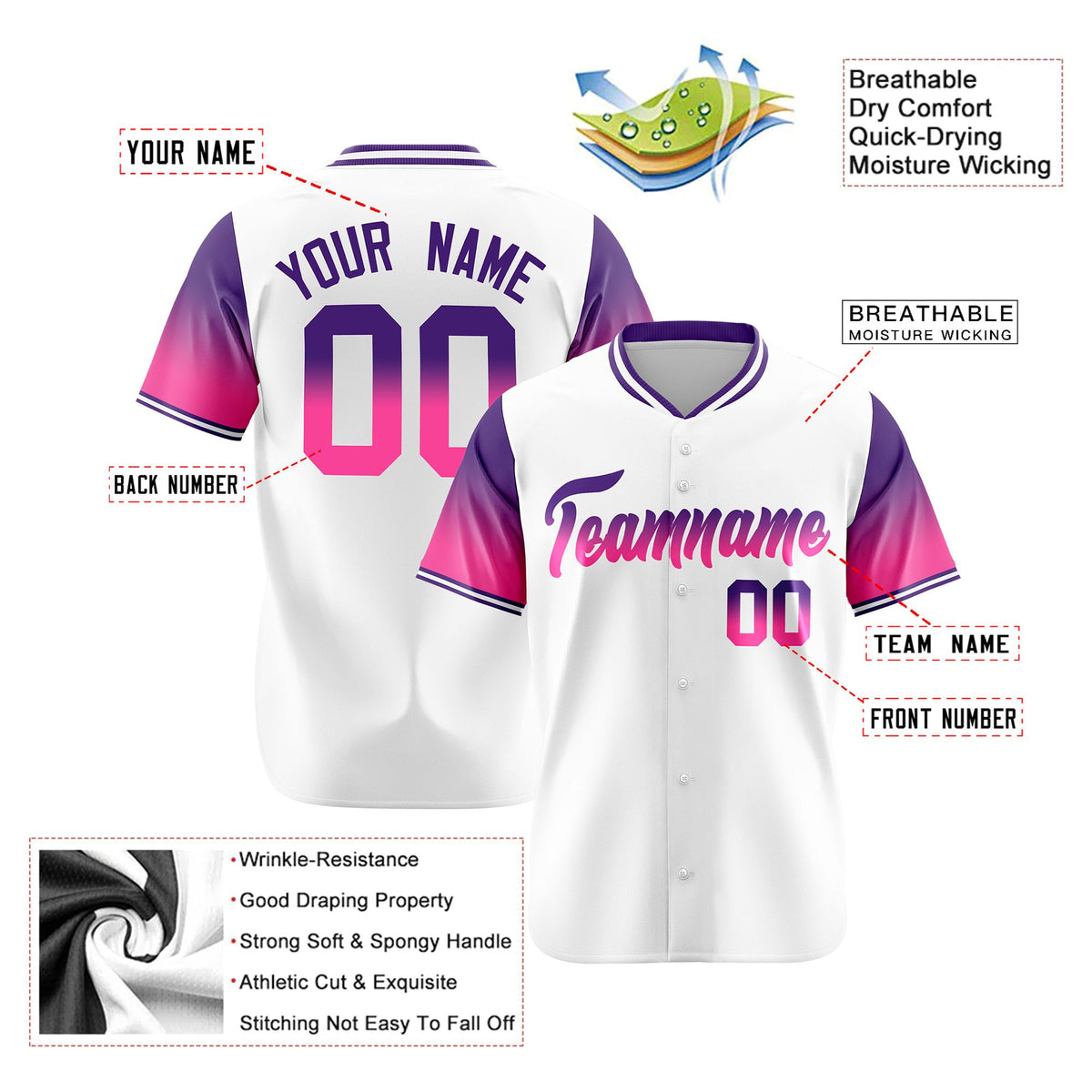 Custom White Purple-Pink Gradient Fashion Authentic Baseball Jersey