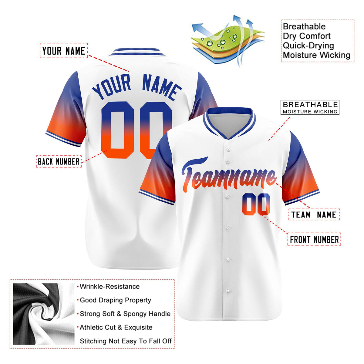 Custom White Royal Blue-Orange Gradient Fashion Authentic Baseball Jersey