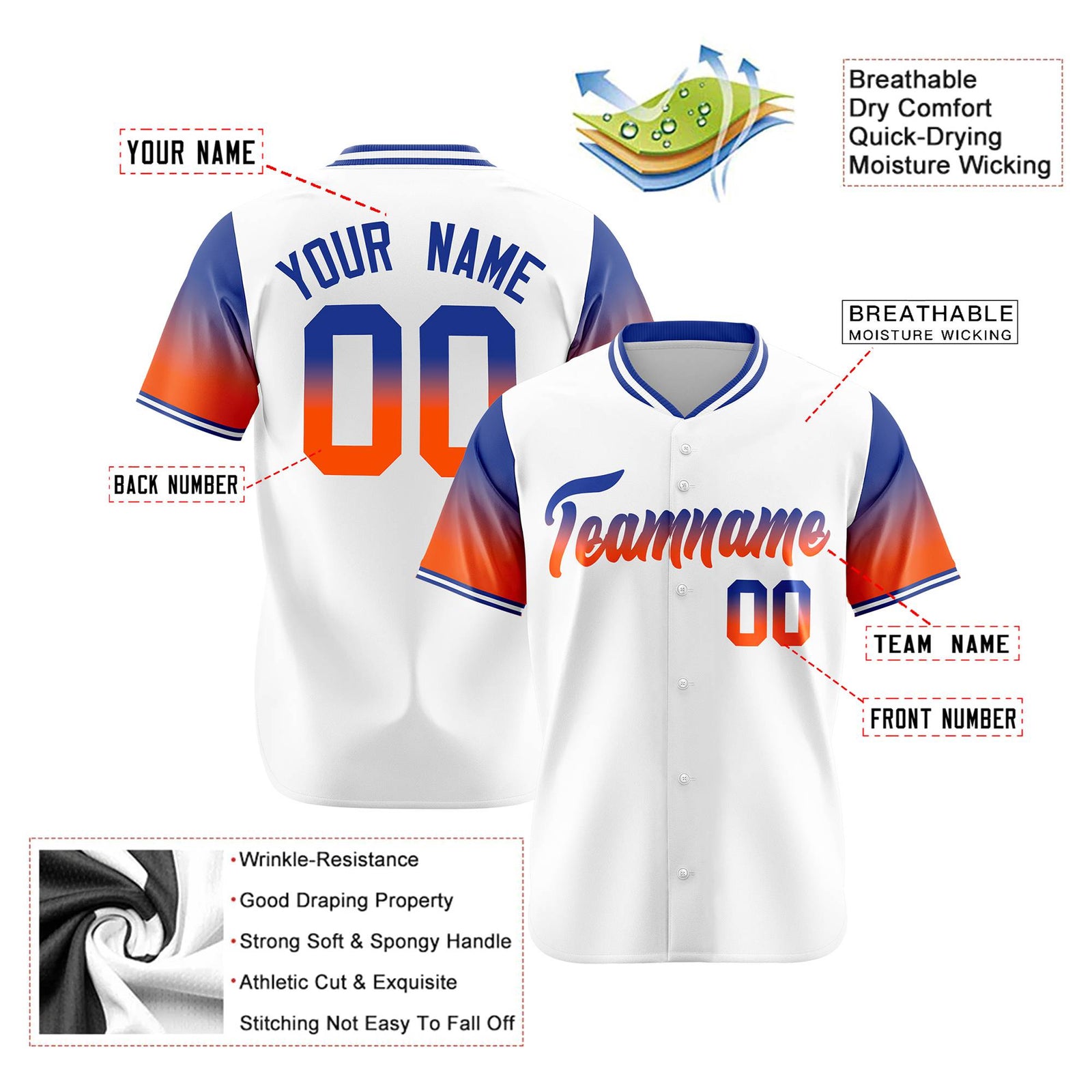 Custom White Royal Blue-Orange Gradient Fashion Authentic Baseball Jersey