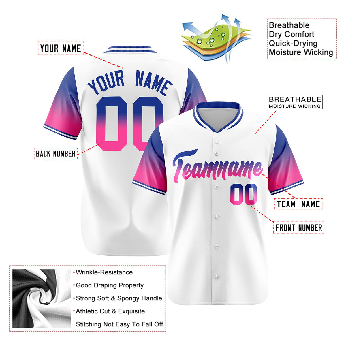 Custom White Royal Blue-Pink Gradient Fashion Authentic Baseball Jersey
