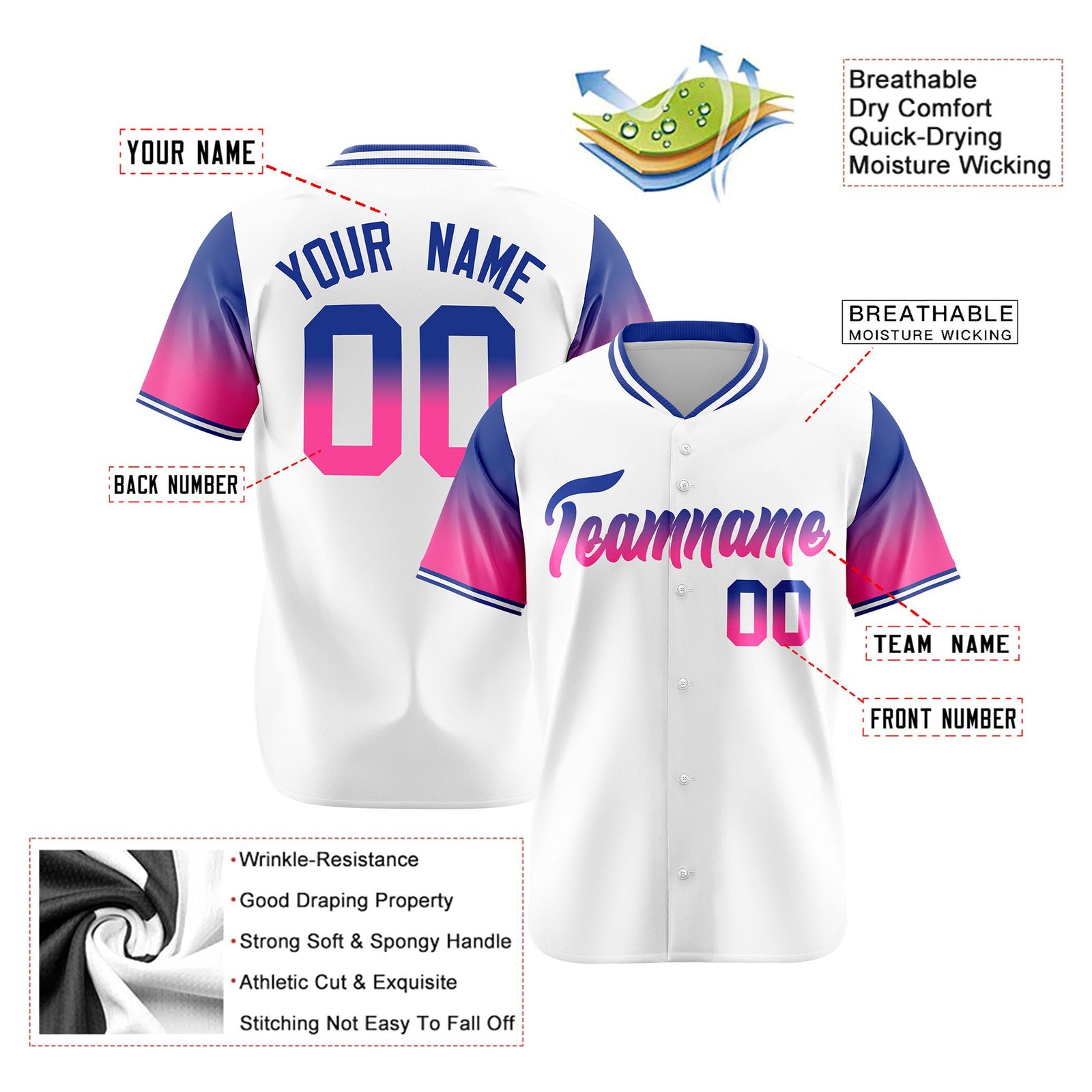 Custom White Royal Blue-Pink Gradient Fashion Authentic Baseball Jersey