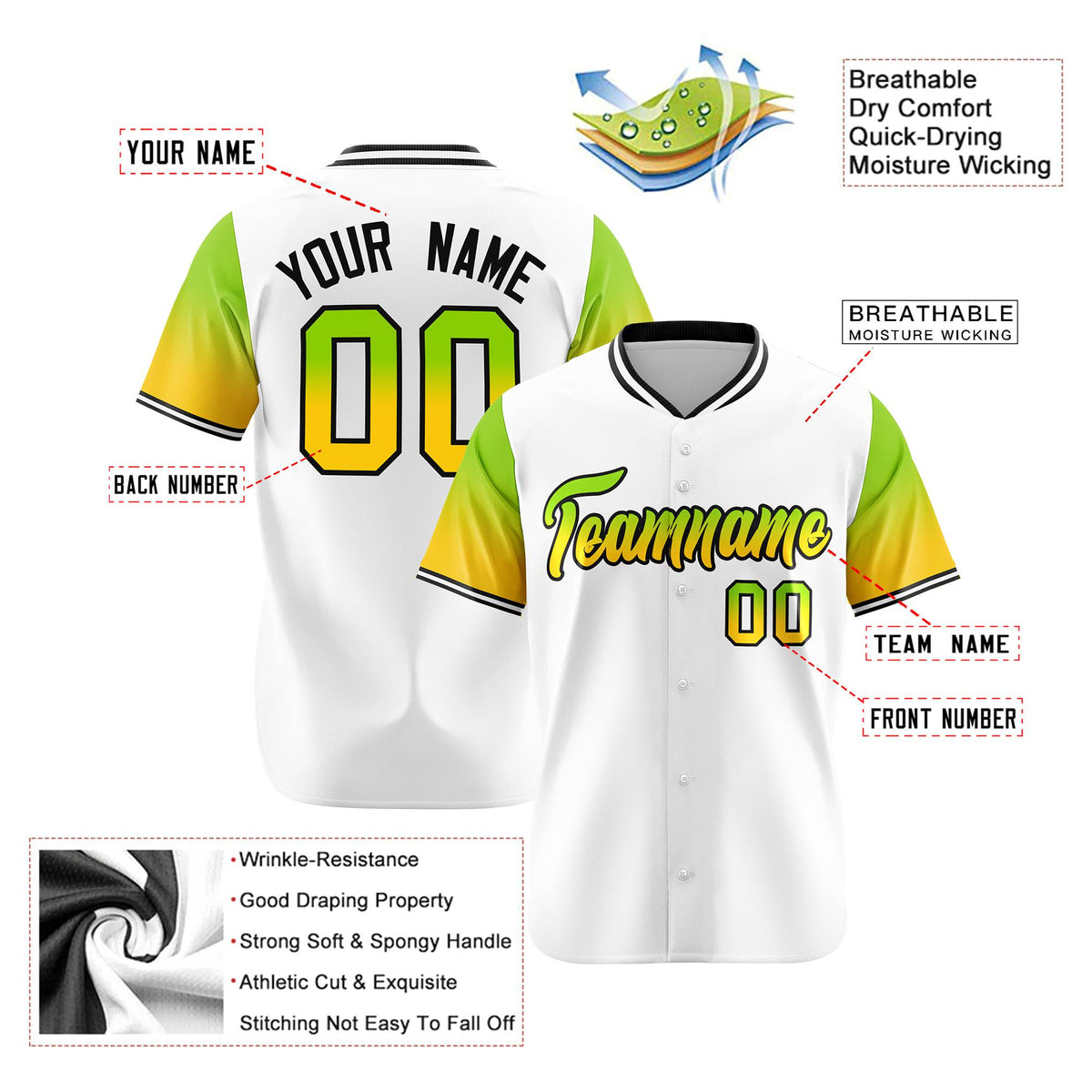 Custom White Neon Green-Gold Gradient Fashion Authentic Baseball Jersey