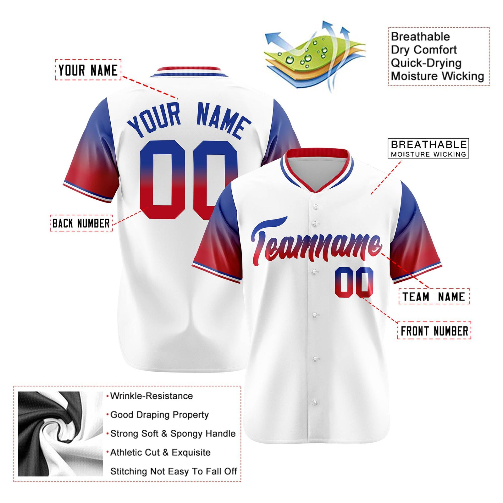 Custom White Royal Blue-Red Gradient Fashion Authentic Baseball Jersey