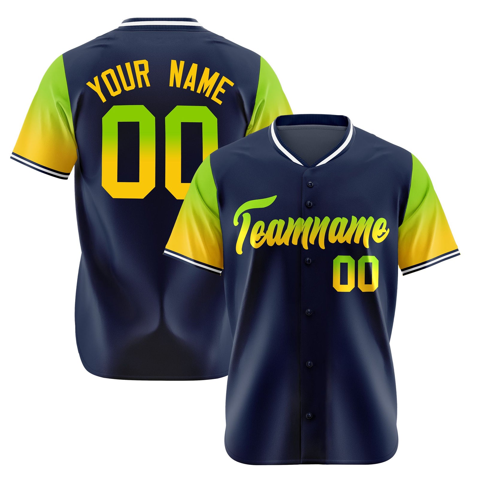 Custom Navy Neon Green-Gold Gradient Fashion Authentic Baseball Jersey