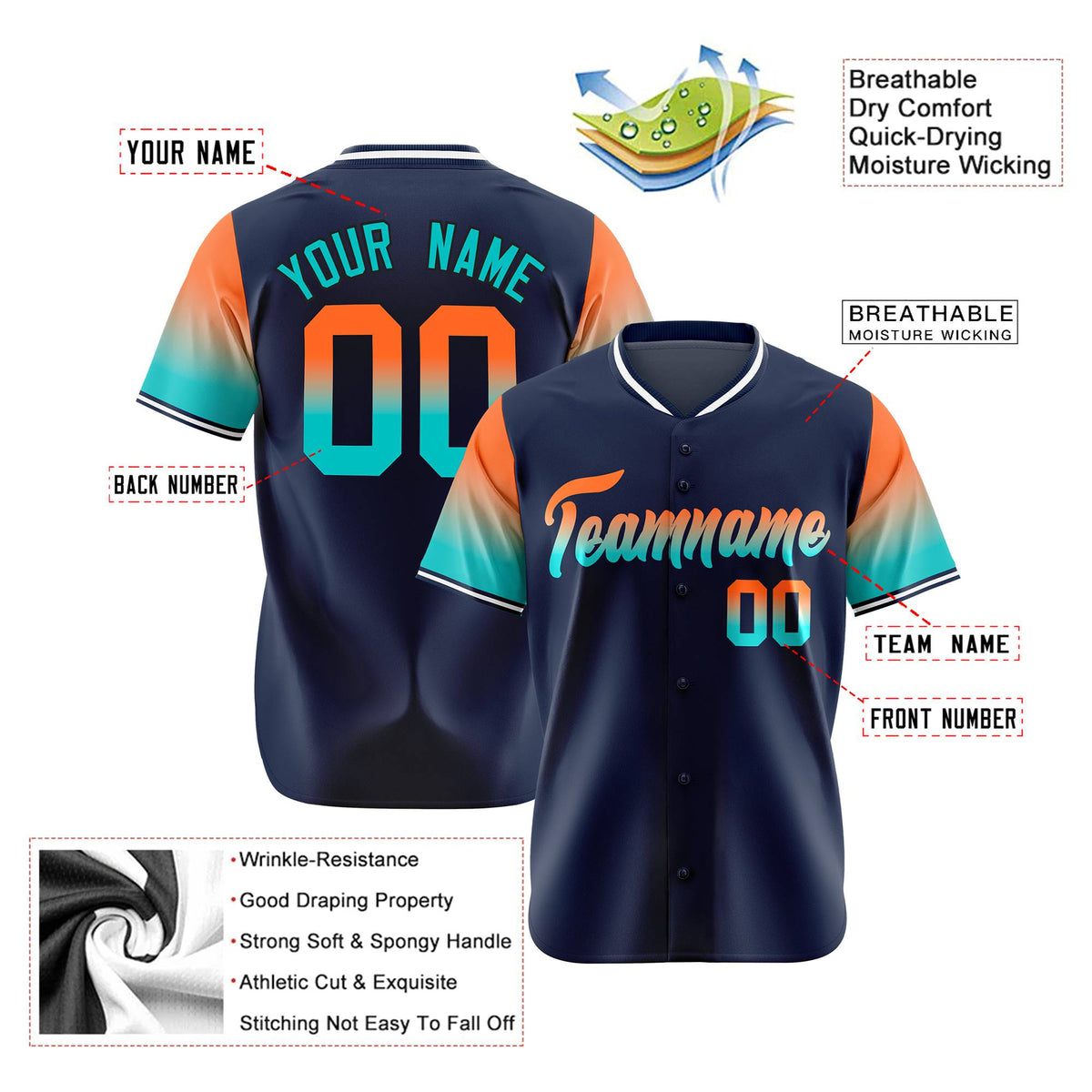 Custom Navy Orange-Aqua Gradient Fashion Authentic Baseball Jersey