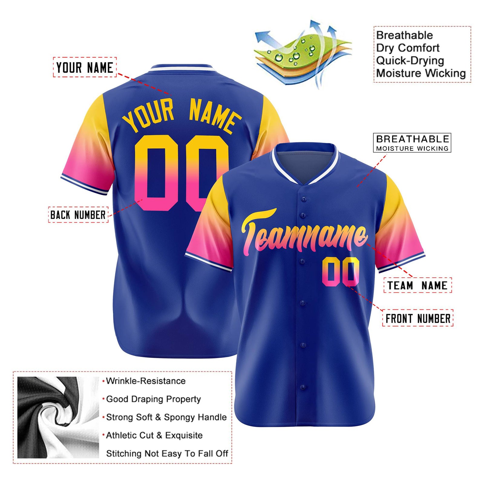 Custom Royal Blue Gold-Pink Gradient Fashion Authentic Baseball Jersey