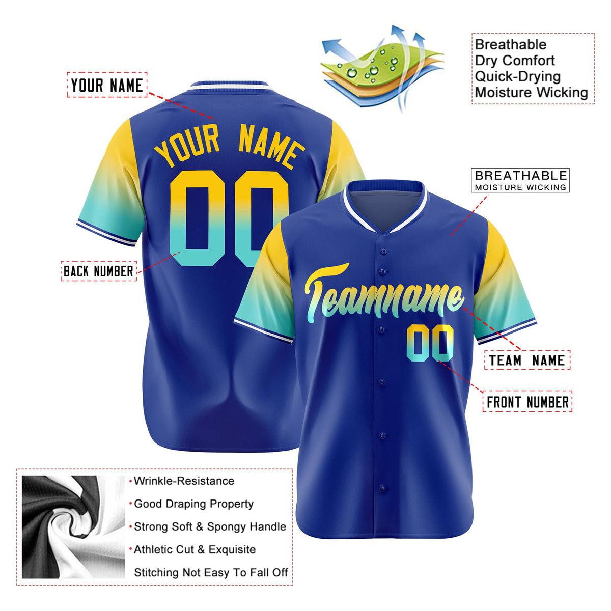Custom Royal Blue Gold-Aqua Gradient Fashion Authentic Baseball Jersey