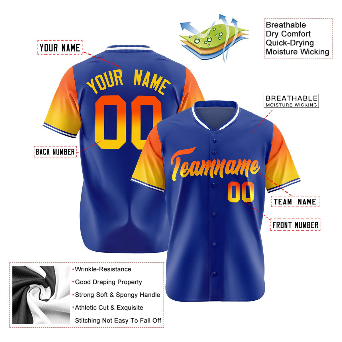 Custom Royal Blue Orange-Yellow Gradient Fashion Authentic Baseball Jersey
