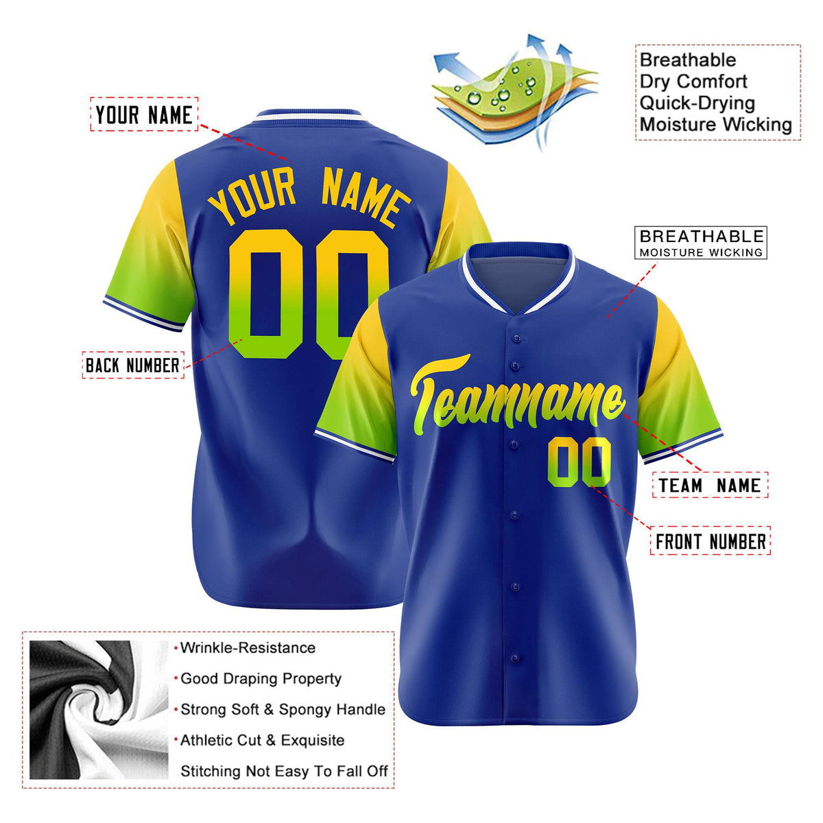 Custom Royal Blue Gold-Neon Green Gradient Fashion Authentic Baseball Jersey