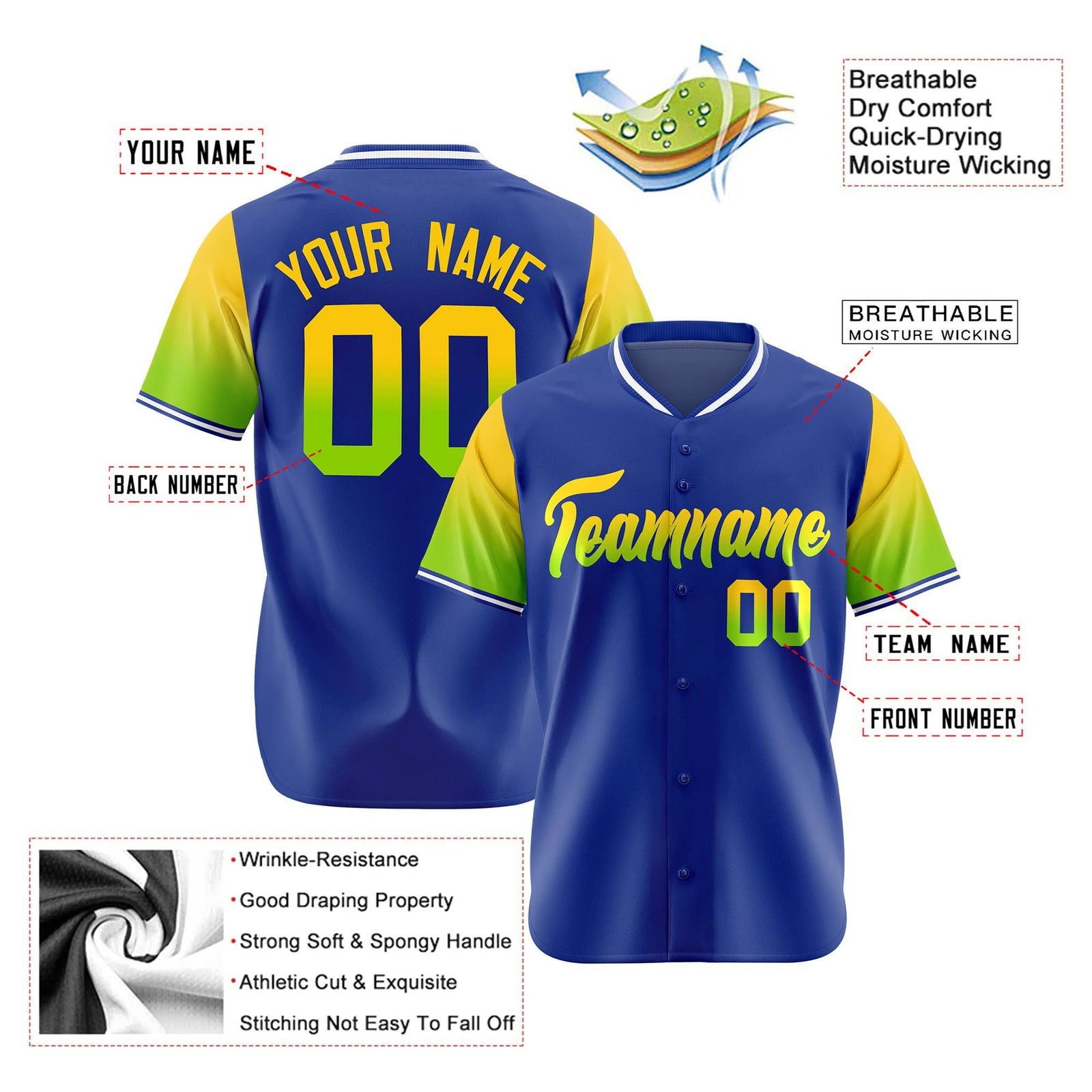 Custom Royal Blue Gold-Neon Green Gradient Fashion Authentic Baseball Jersey