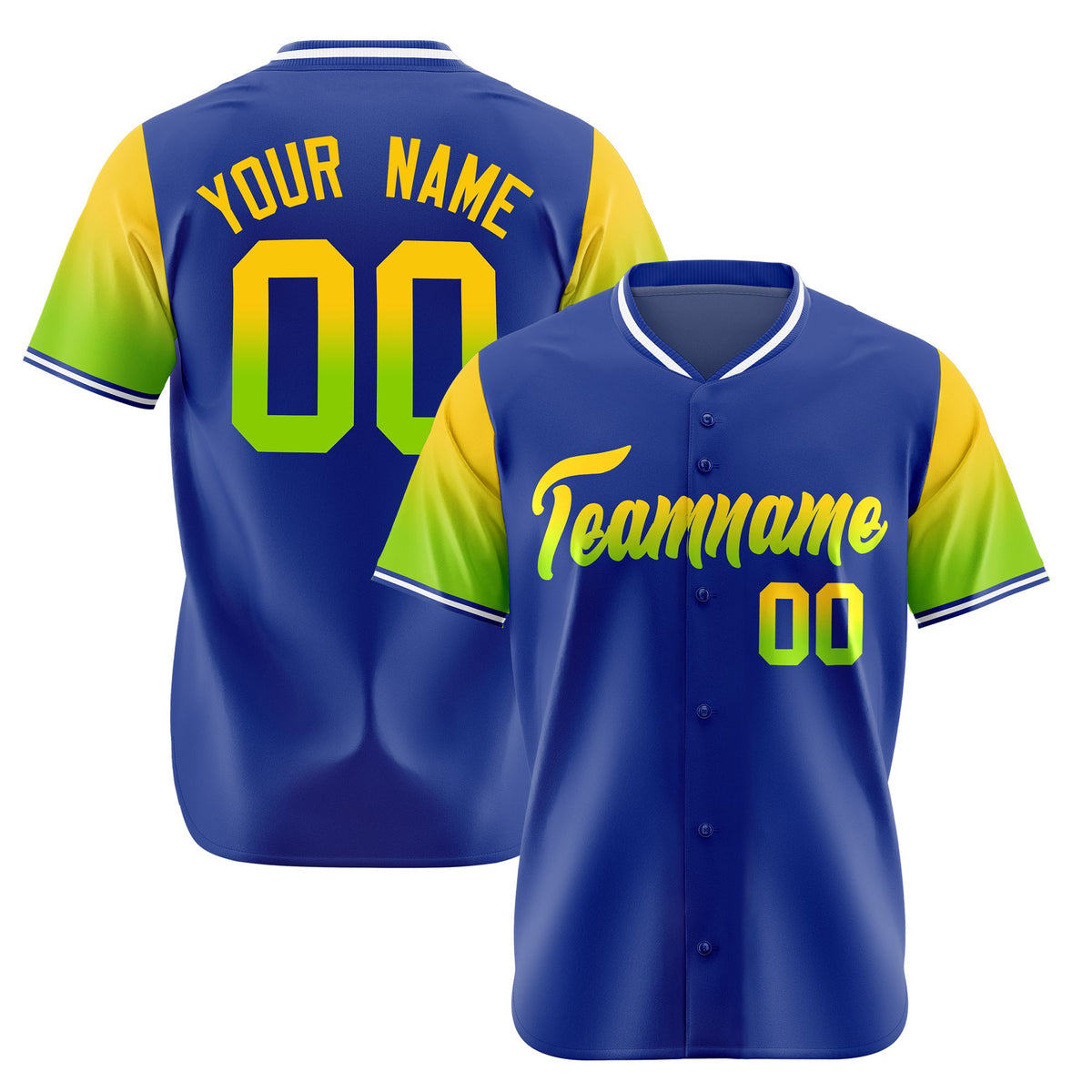 Custom Royal Blue Gold-Neon Green Gradient Fashion Authentic Baseball Jersey