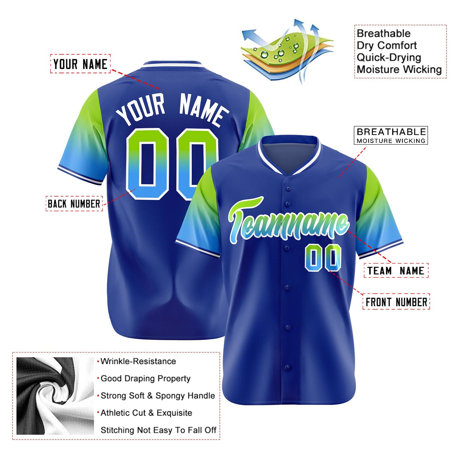 Custom Royal Blue Neon Green-Powder Blue Gradient Fashion Authentic Baseball Jersey