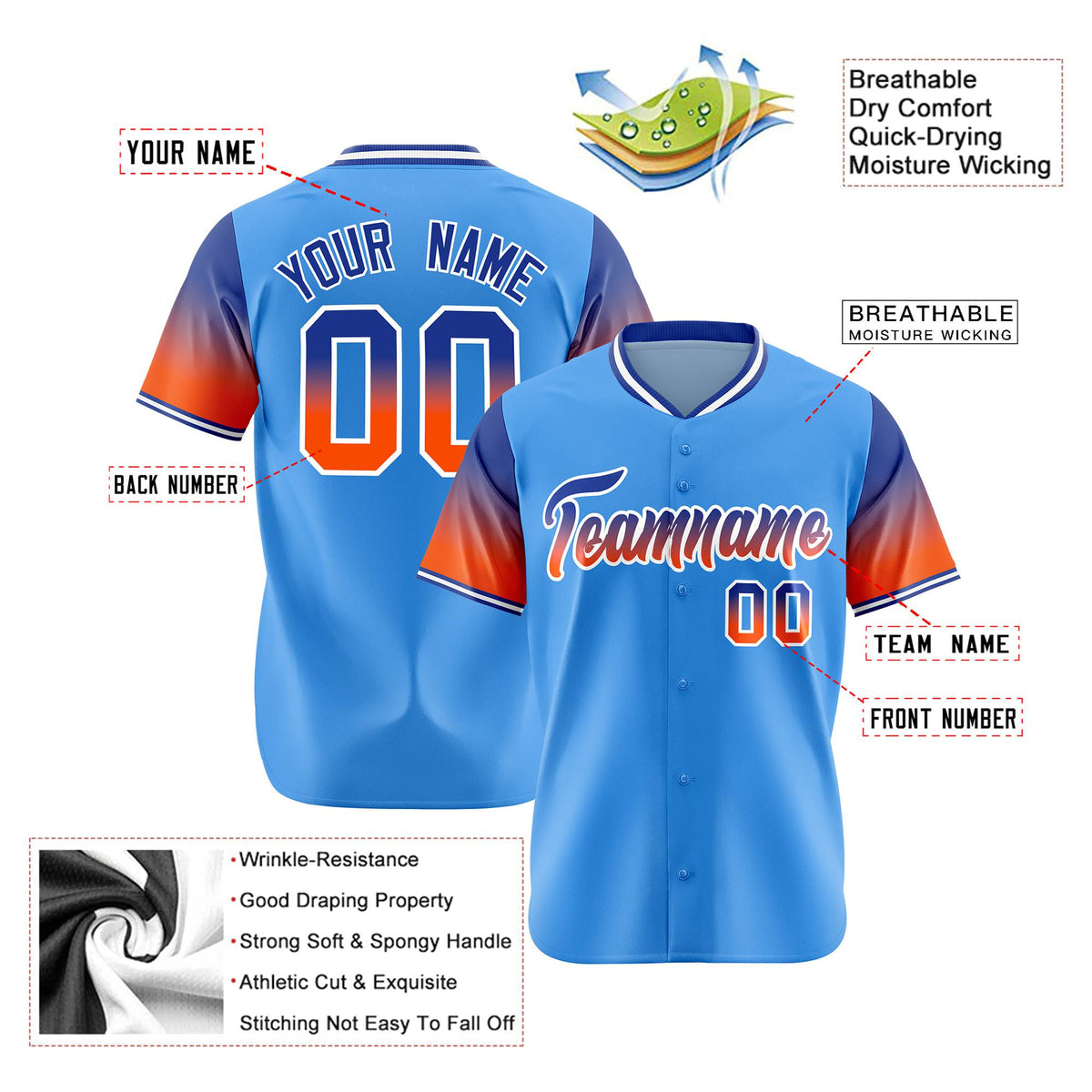 Custom Powder Blue Royal Blue-Orange Gradient Fashion Authentic Baseball Jersey