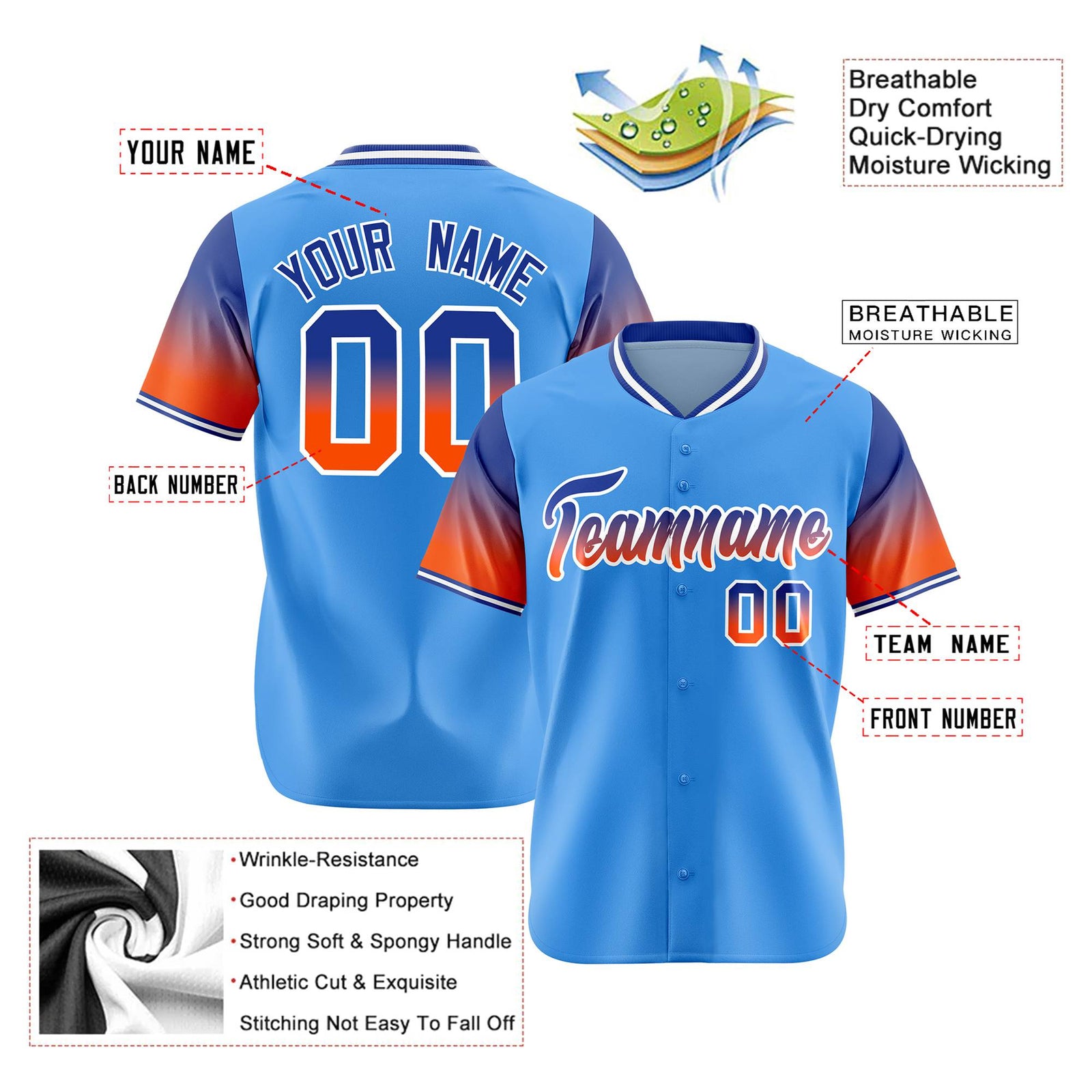 Custom Powder Blue Royal Blue-Orange Gradient Fashion Authentic Baseball Jersey