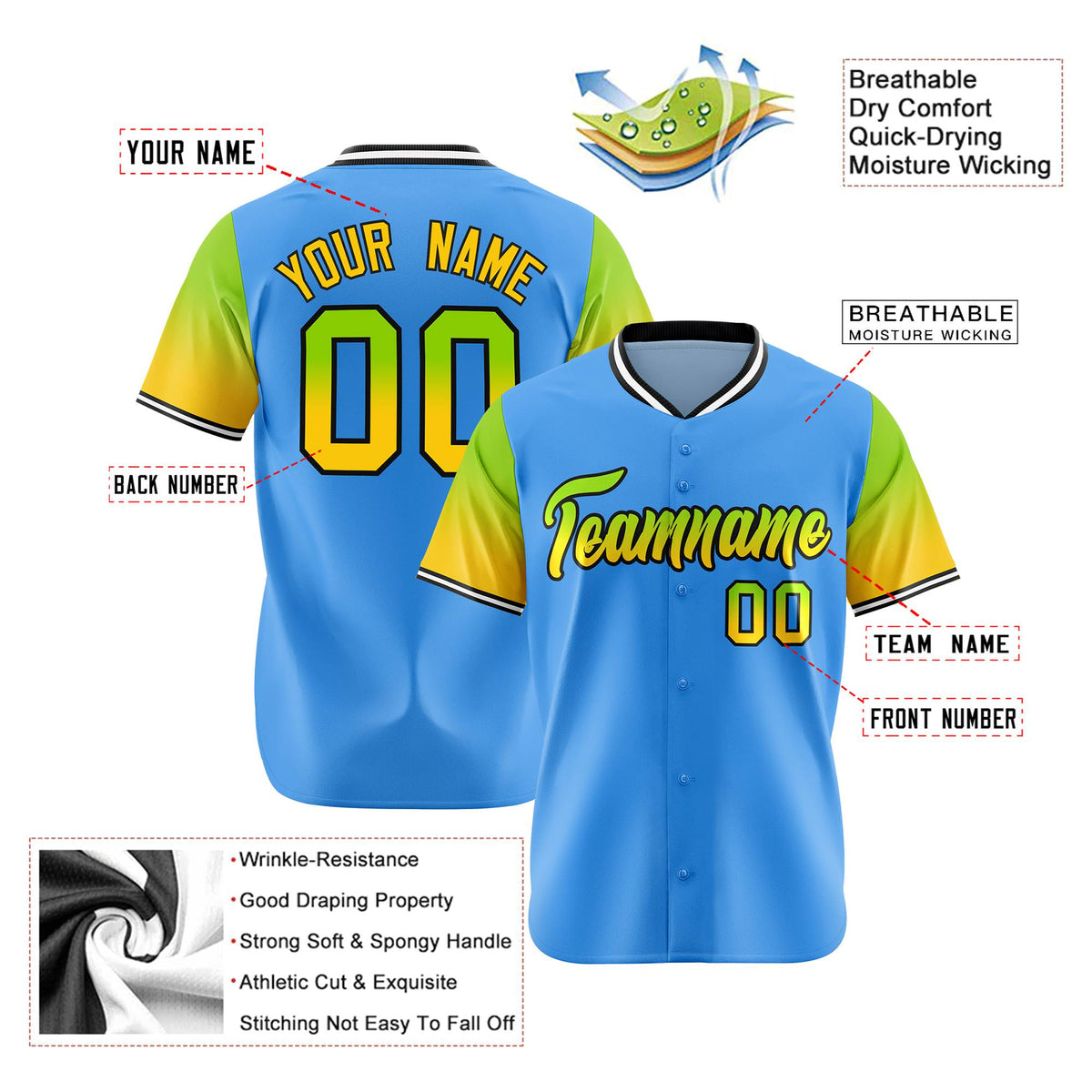Custom Powder Blue Neon Green-Gold Gradient Fashion Authentic Baseball Jersey