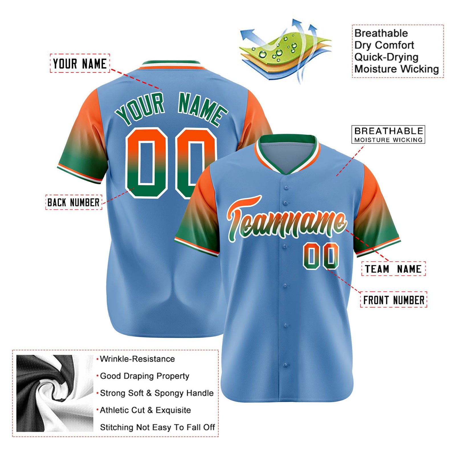 Custom Light Blue Orange-Green Gradient Fashion Authentic Baseball Jersey