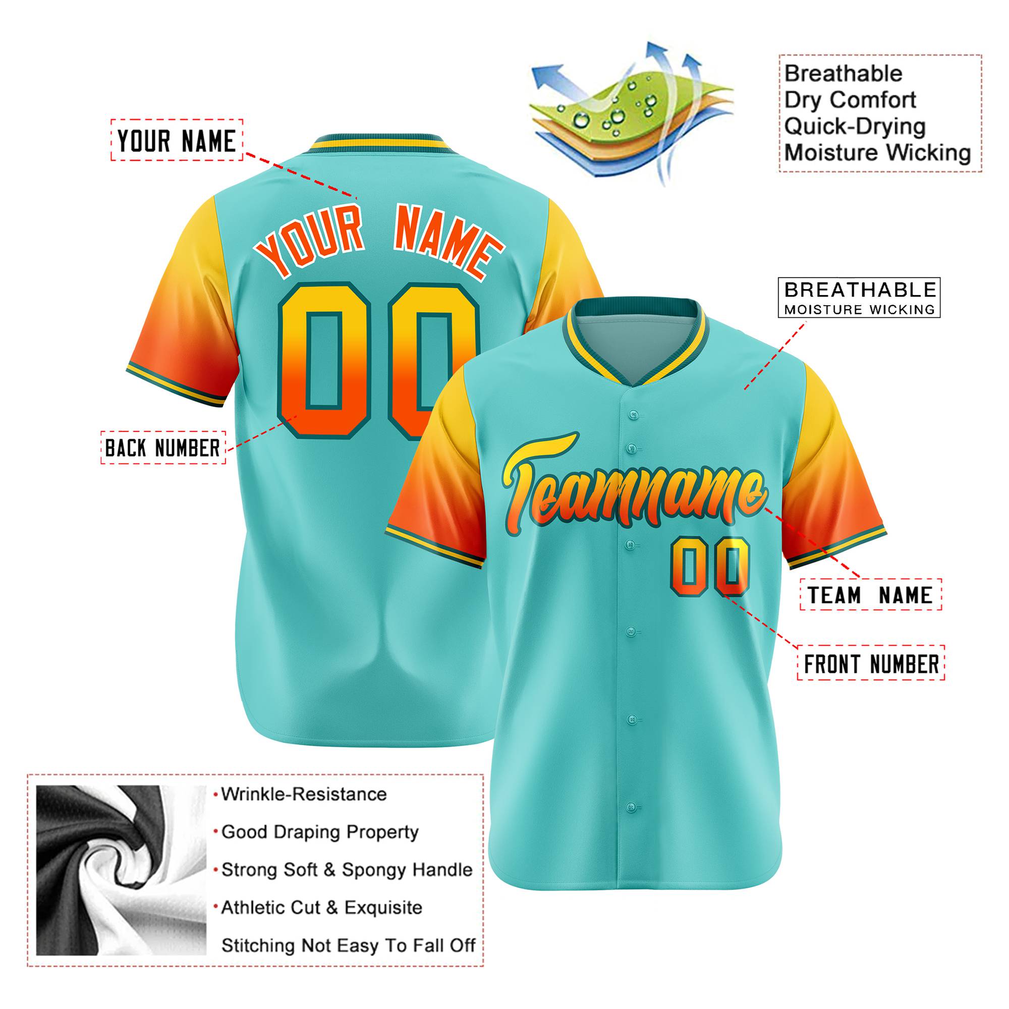 Custom Aqua Gold-Orange Gradient Fashion Authentic Baseball Jersey