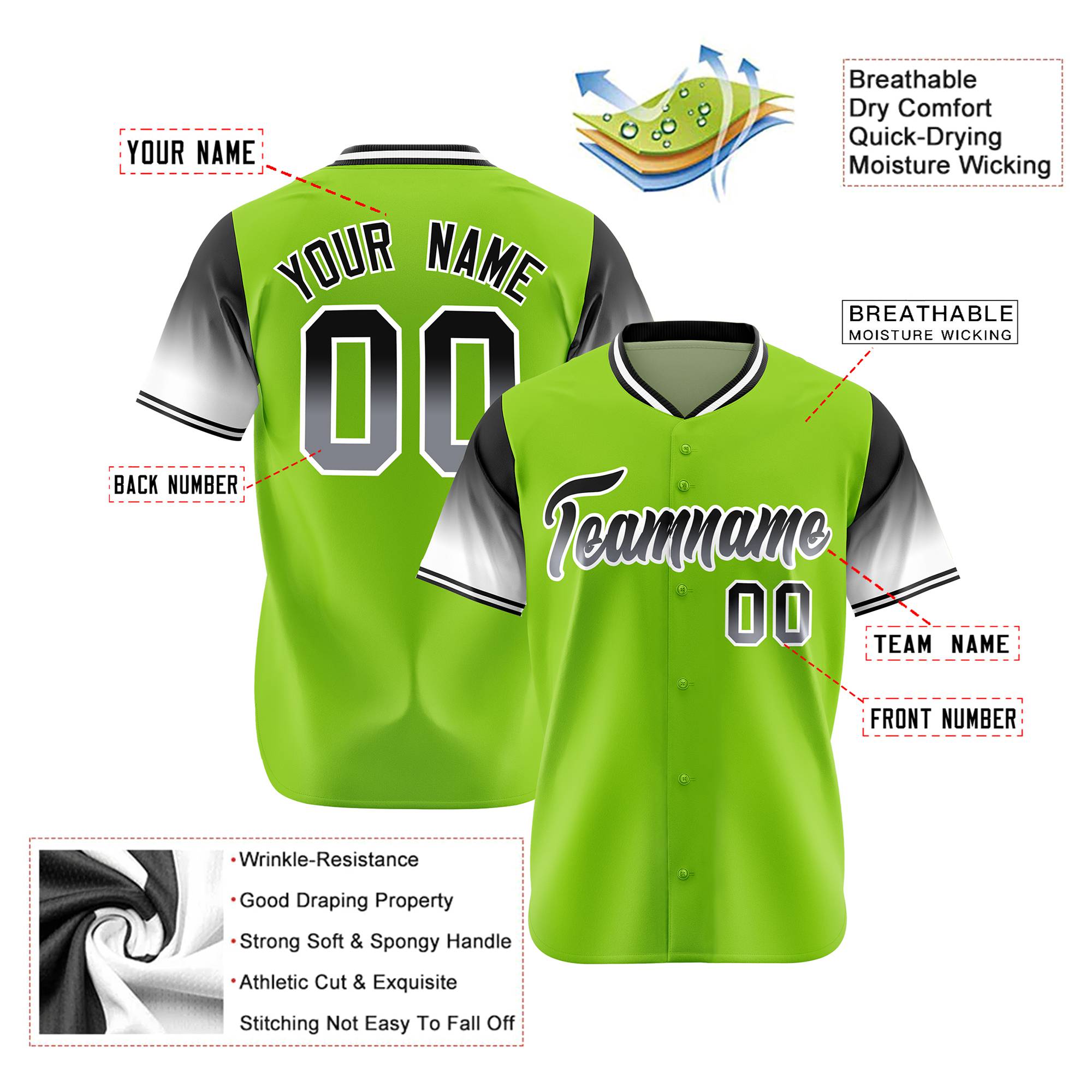 Custom Neon Green Dark Gray-Gray Gradient Fashion Authentic Baseball Jersey