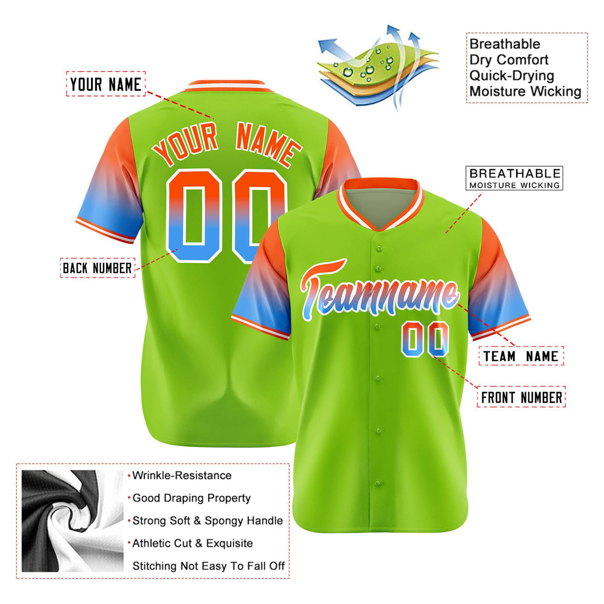 Custom Neon Green Orange-Powder Blue Gradient Fashion Authentic Baseball Jersey