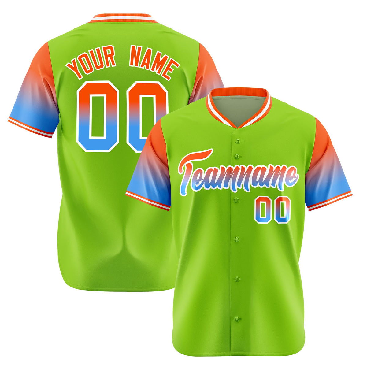 Custom Neon Green Orange-Powder Blue Gradient Fashion Authentic Baseball Jersey