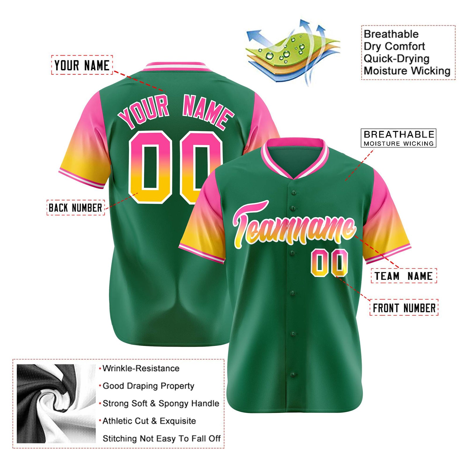 Custom Green Pink-Gold Gradient Fashion Authentic Baseball Jersey