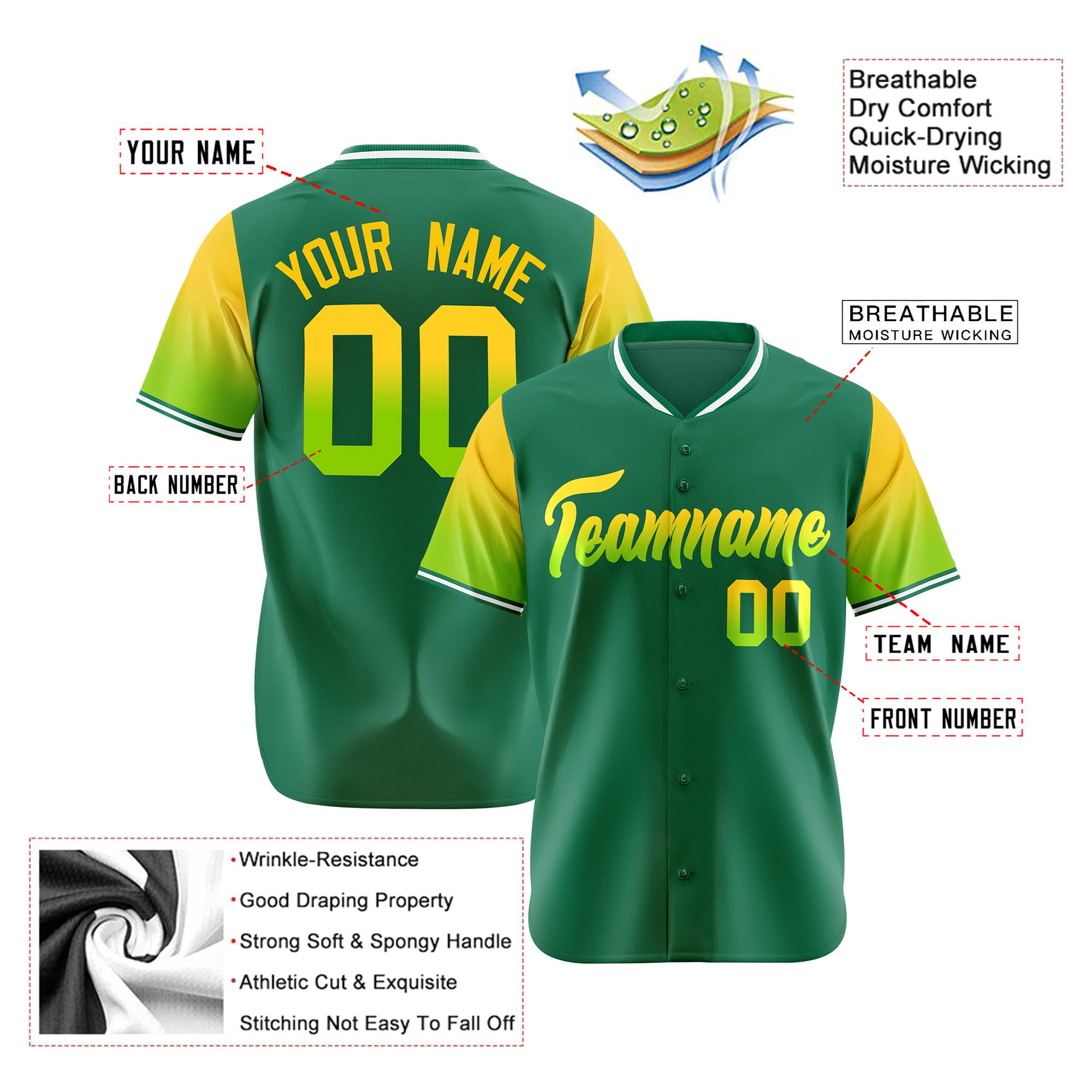 Custom Green Gold-Neon Green Gradient Fashion Authentic Baseball Jersey