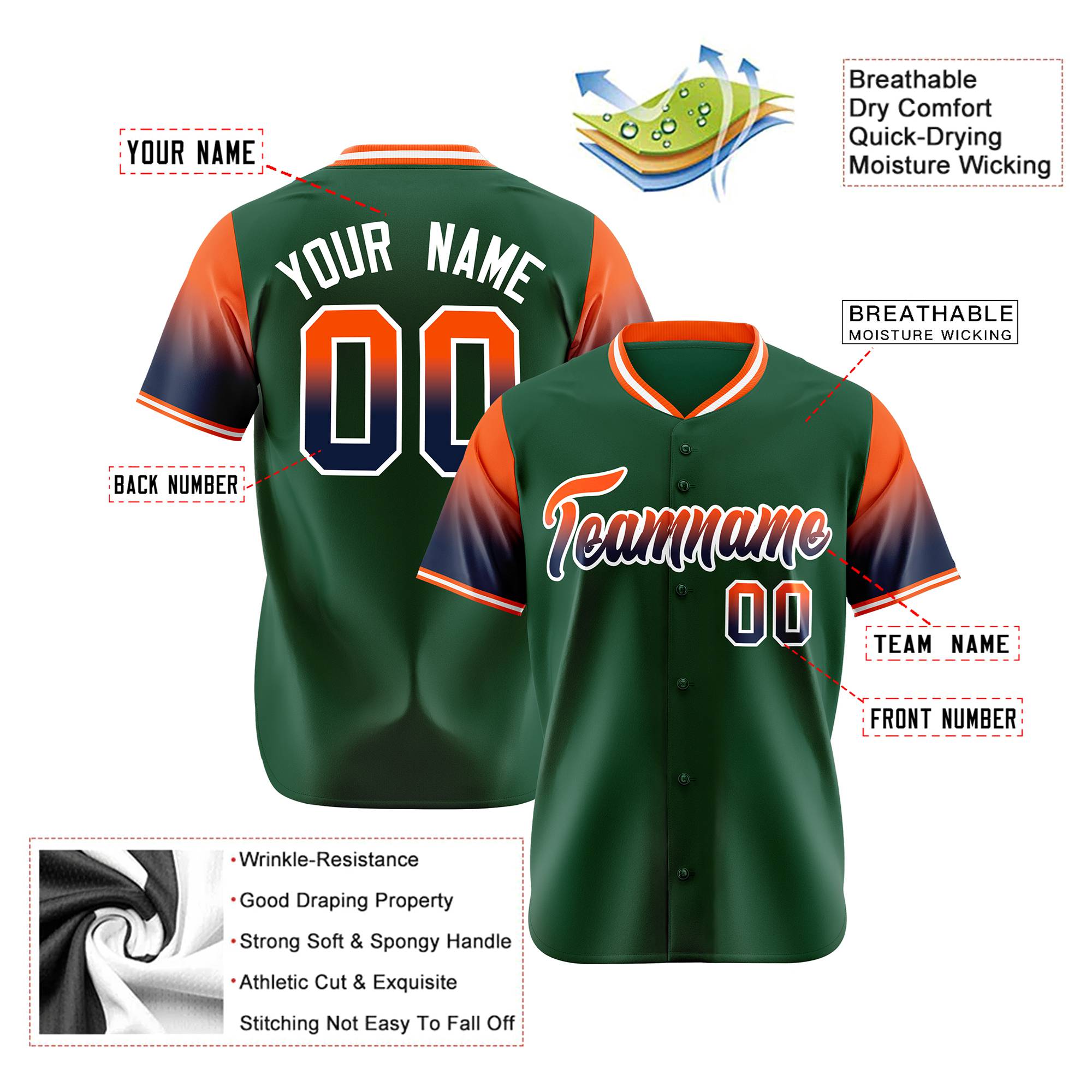 Custom Green Orange-Navy Gradient Fashion Authentic Baseball Jersey