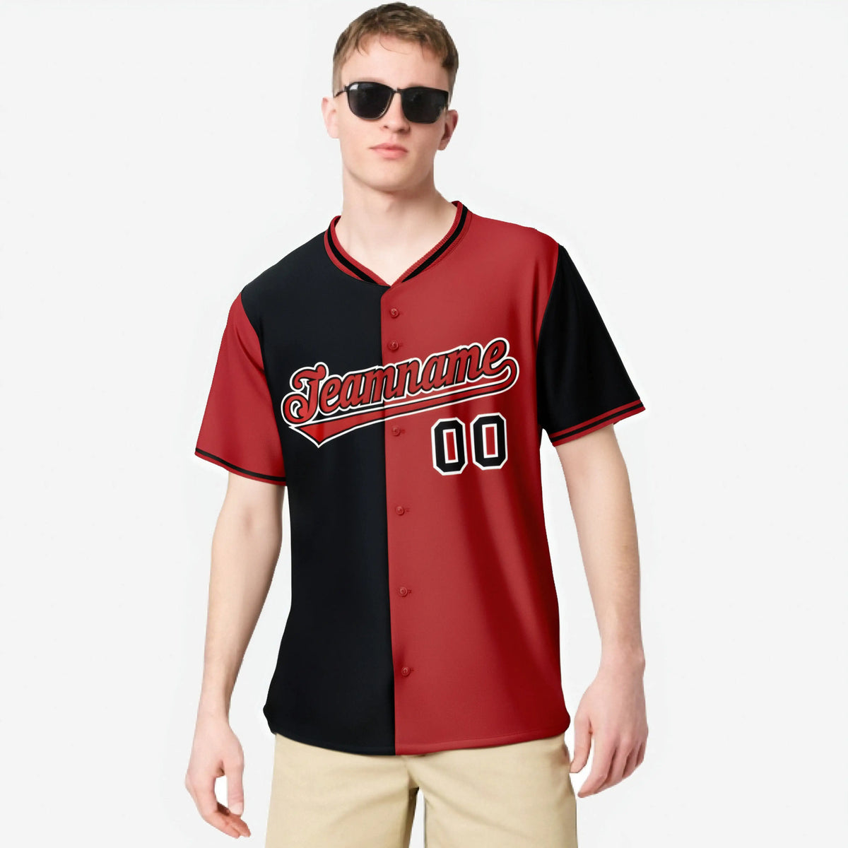 Custom Black Red Authentic Split Fashion Baseball Jersey